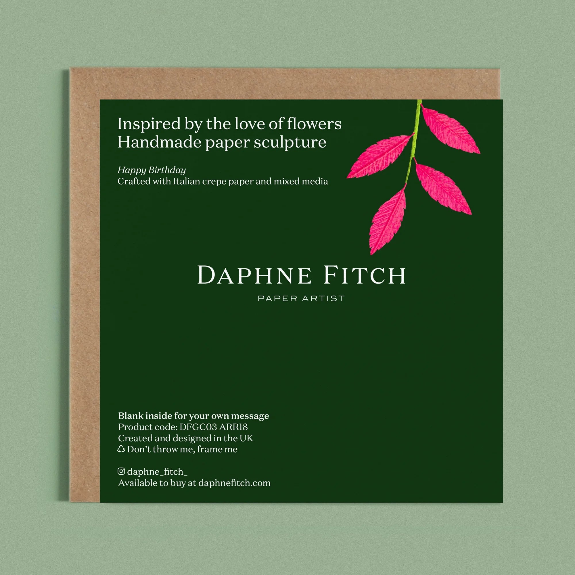 Image of the back of a Happy Birthday Greeting card with colourful handcrafted paper pink foliage on a dark green background by paper artist Daphne Fitch.