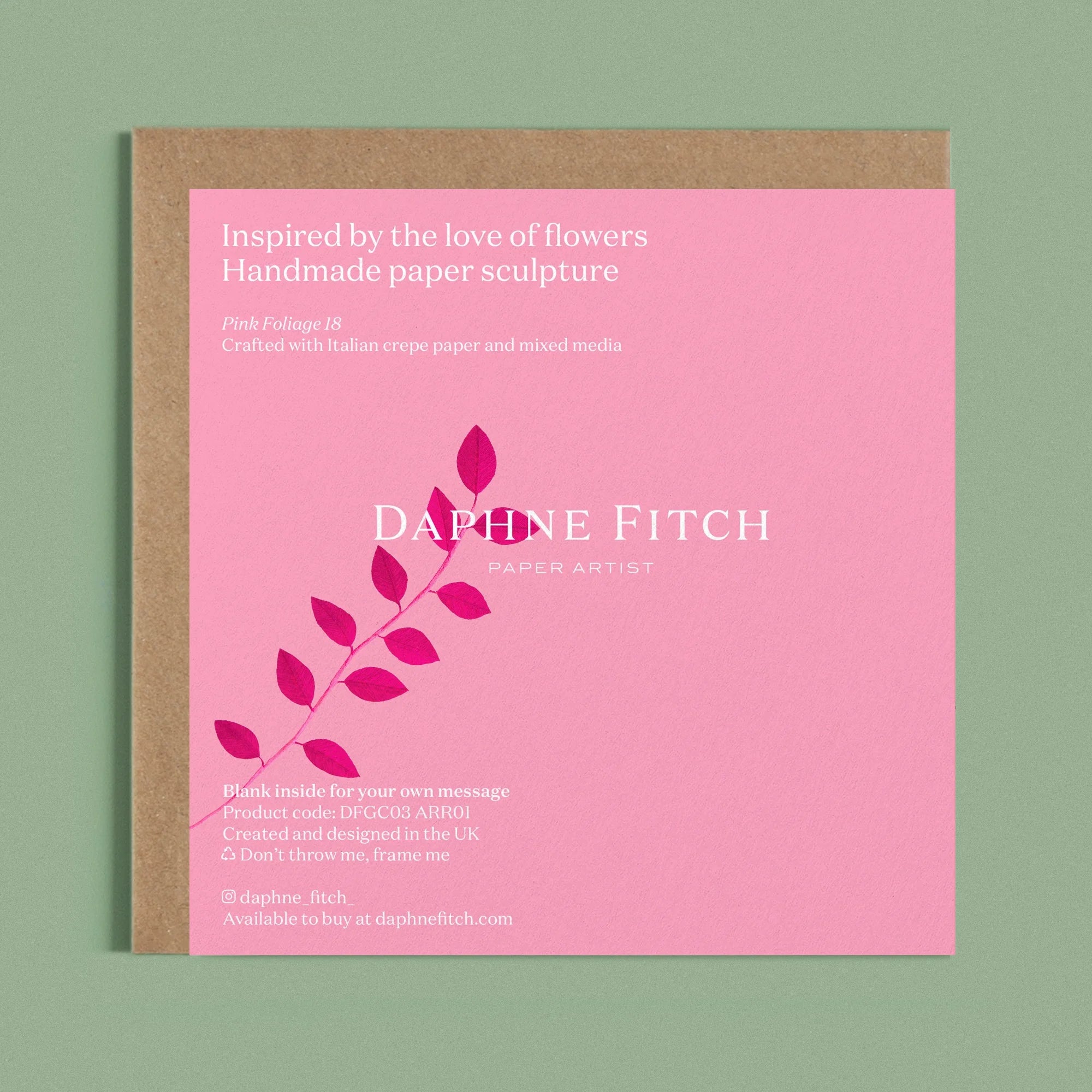 Image of the back of a Happy Birthday Greeting card with colourful handcrafted paper pink foliage on a light pink background by paper artist Daphne Fitch.