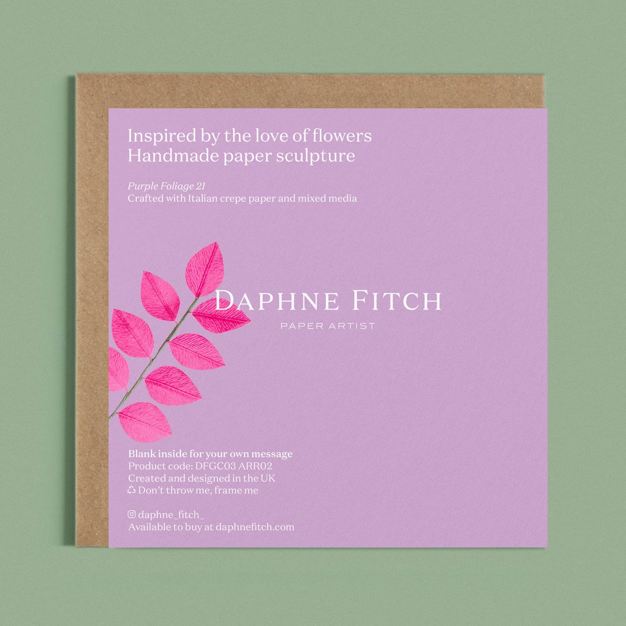 Image of the back of a Happy Birthday Greeting card with colourful handcrafted paper pink foliage on a light purple background by paper artist Daphne Fitch.