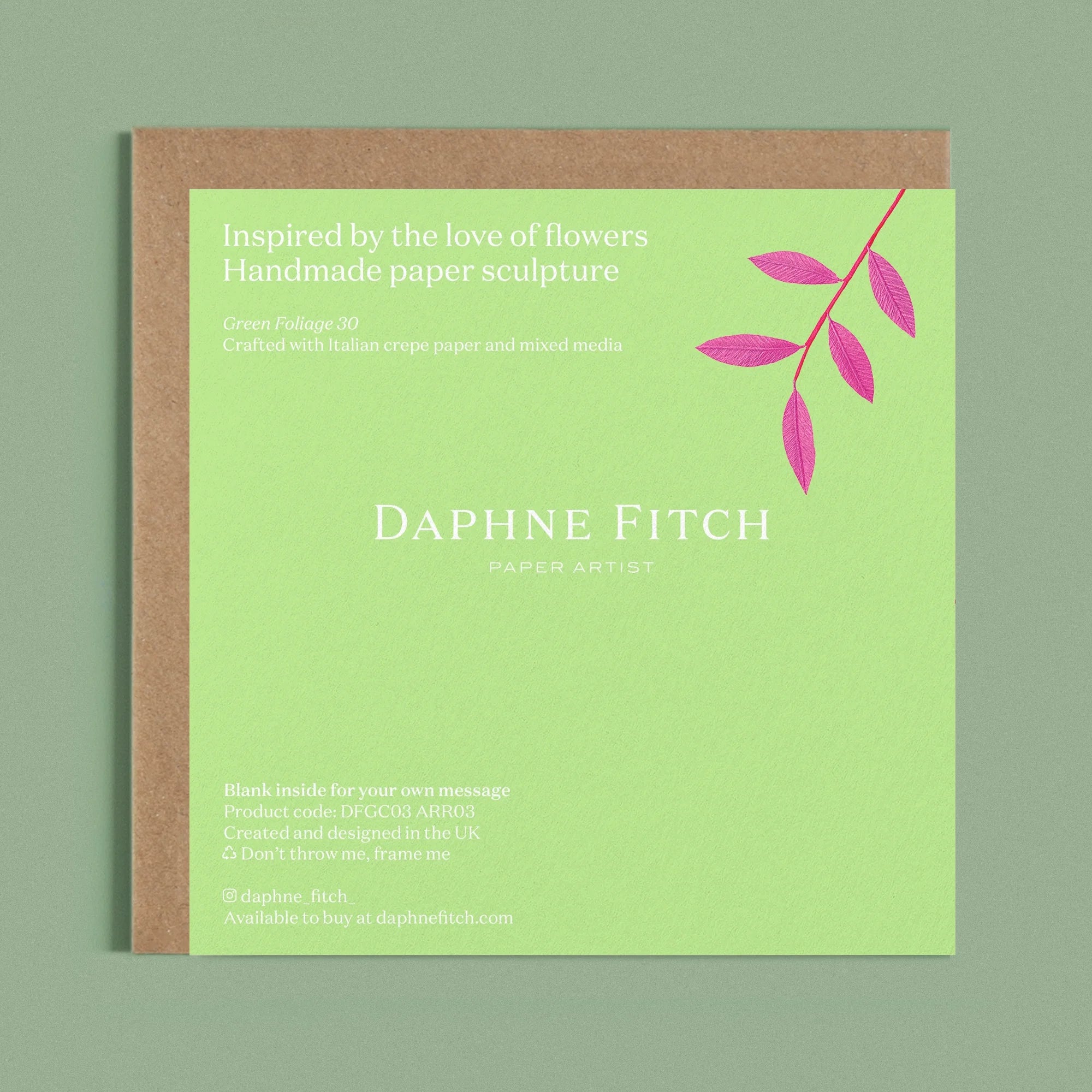 Image of the back of a Happy Birthday Greeting card with colourful handcrafted paper pink foliage on a light green background by paper artist Daphne Fitch.