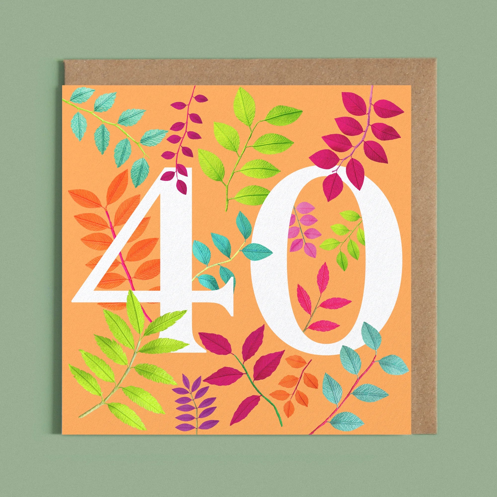 Greeting card with a image of a white number 40 and colourful handcrafted paper foliage on a orange background by paper artist Daphne Fitch.