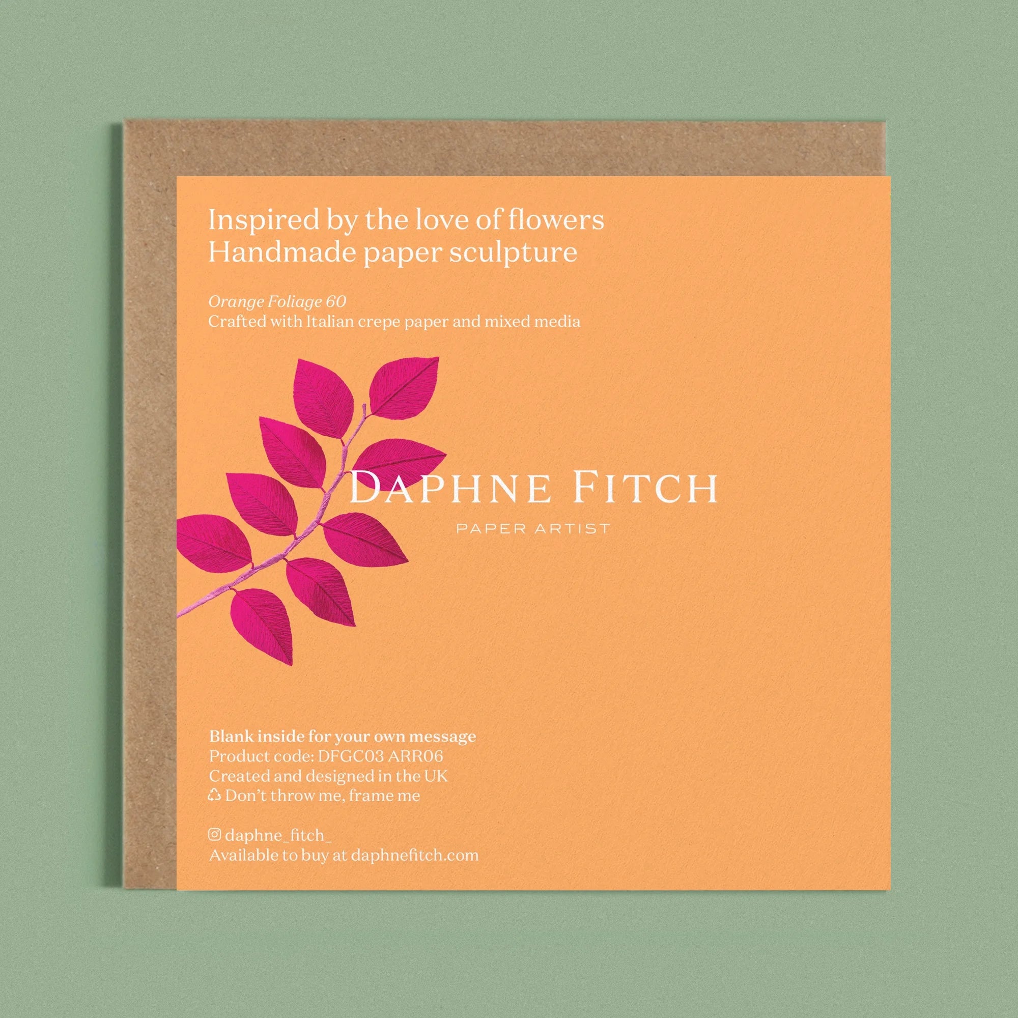 Image of the back of a Happy Birthday Greeting card with colourful handcrafted paper pink foliage on a light orange background by paper artist Daphne Fitch.