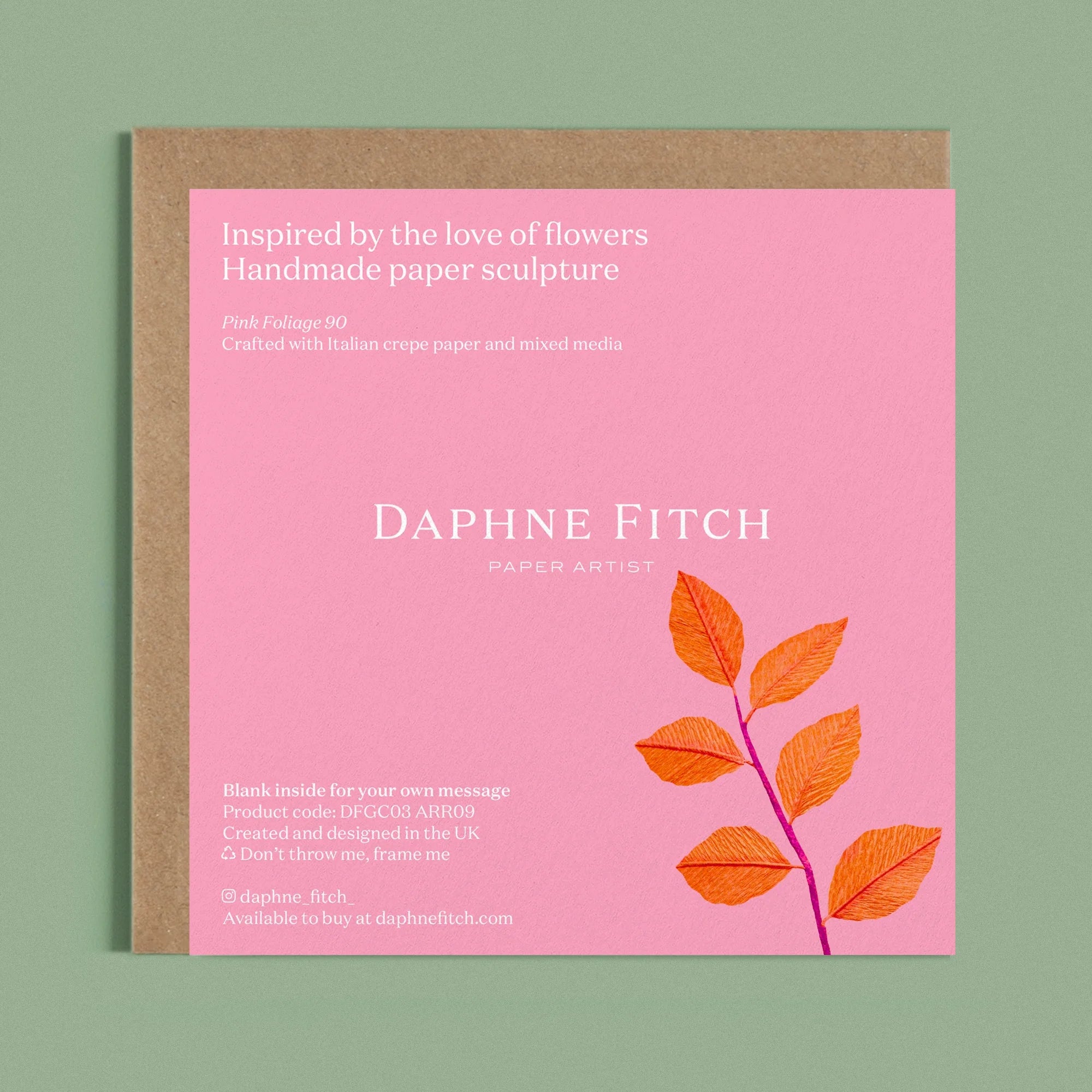 Image of the back of a Happy Birthday Greeting card with colourful handcrafted paper orange foliage on a light pink background by paper artist Daphne Fitch.