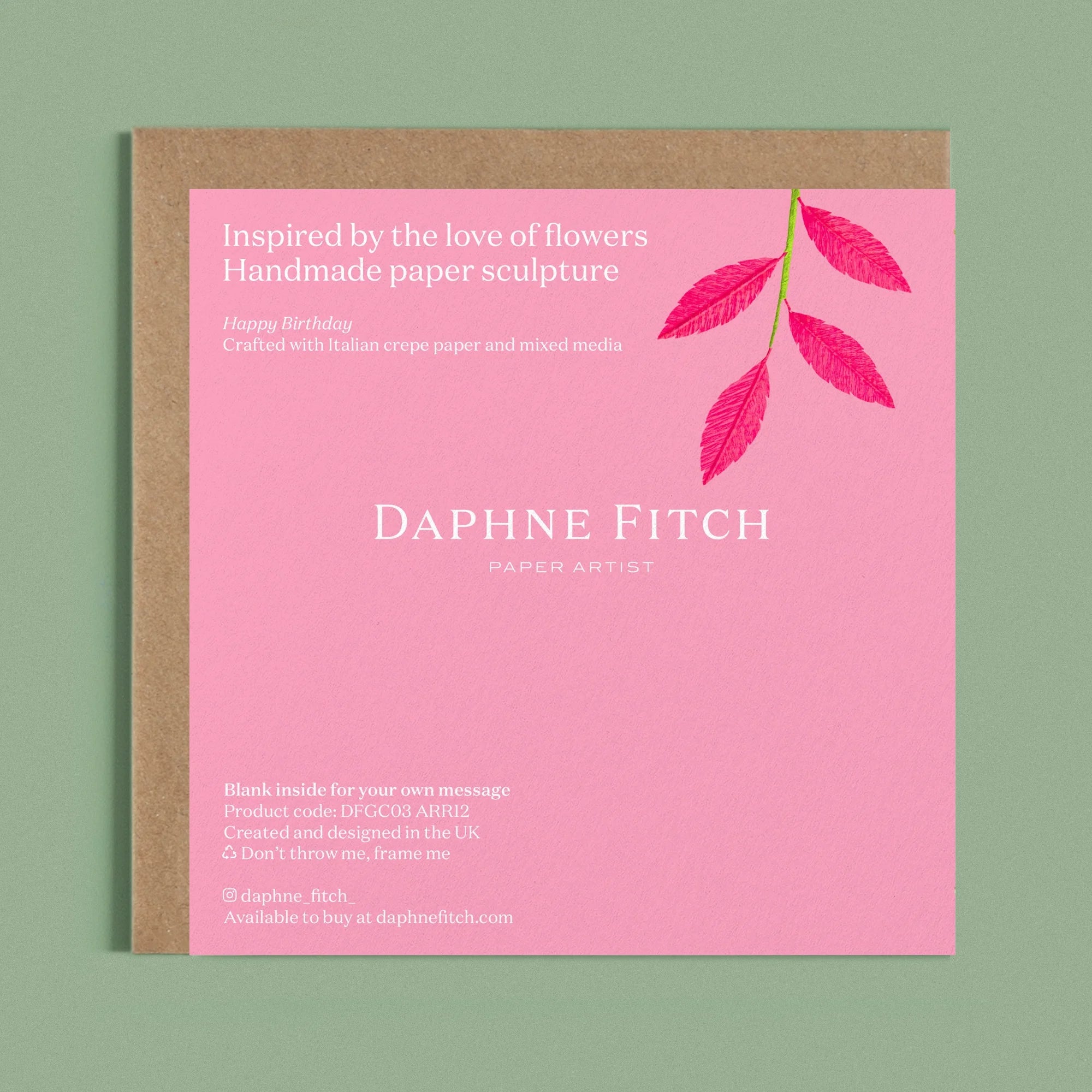 Image of the back of a Happy Birthday Greeting card with colourful handcrafted paper pink foliage on a light pink background by paper artist Daphne Fitch.