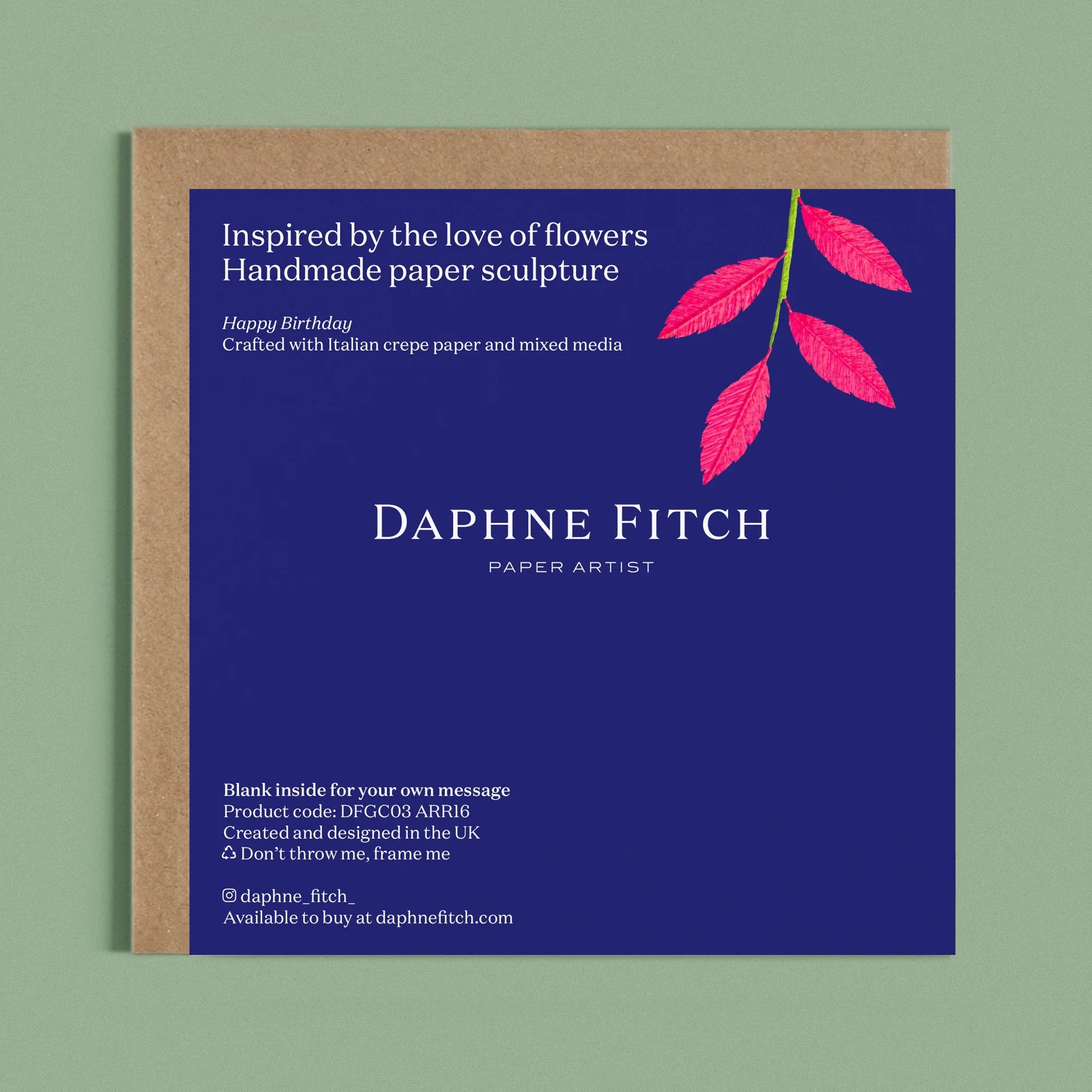 Image of the back of a Happy Birthday Greeting card with colourful handcrafted paper pink foliage on a dark blue background by paper artist Daphne Fitch.