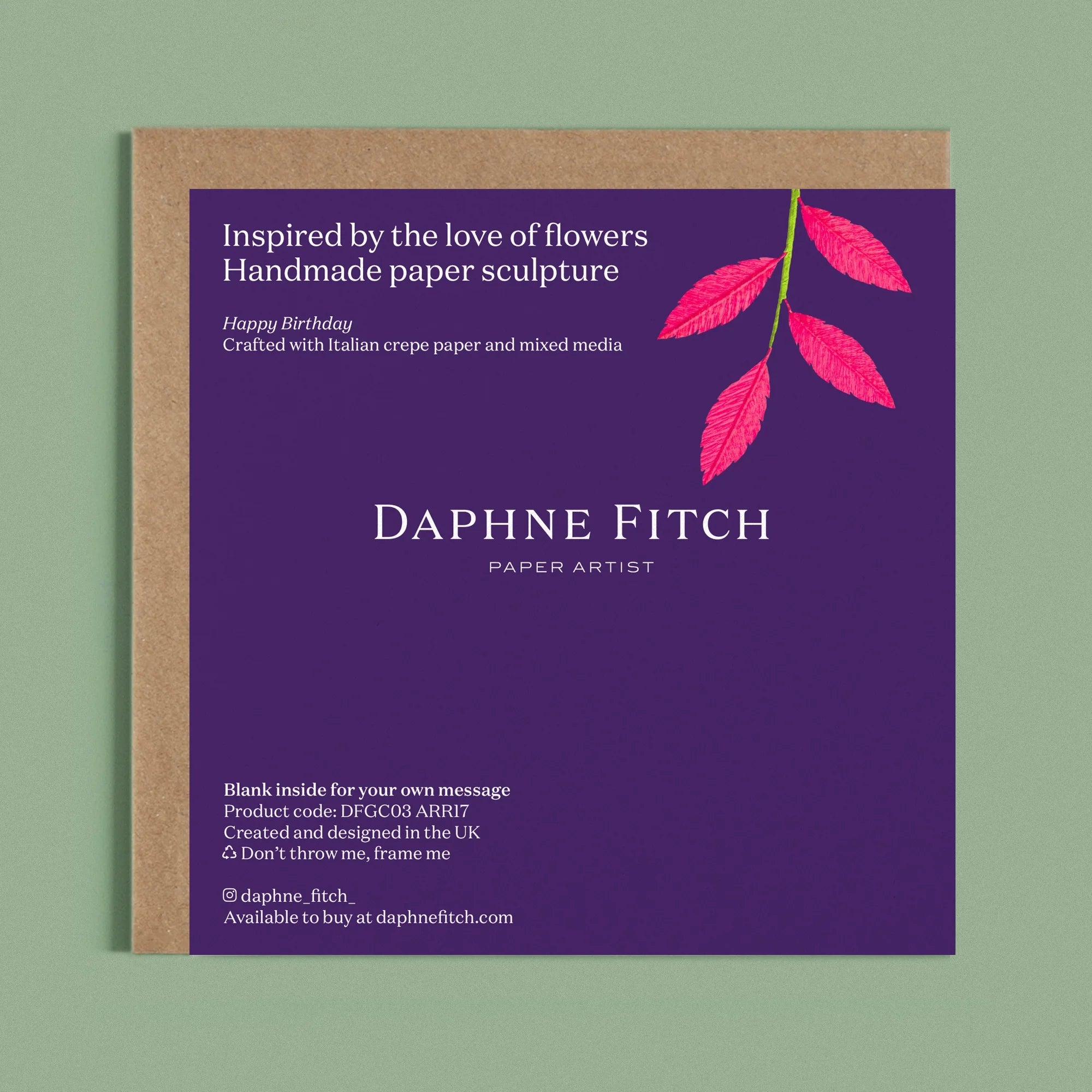 Image of the back of a Happy Birthday Greeting card with colourful handcrafted paper pink foliage on a dark purple background by paper artist Daphne Fitch.
