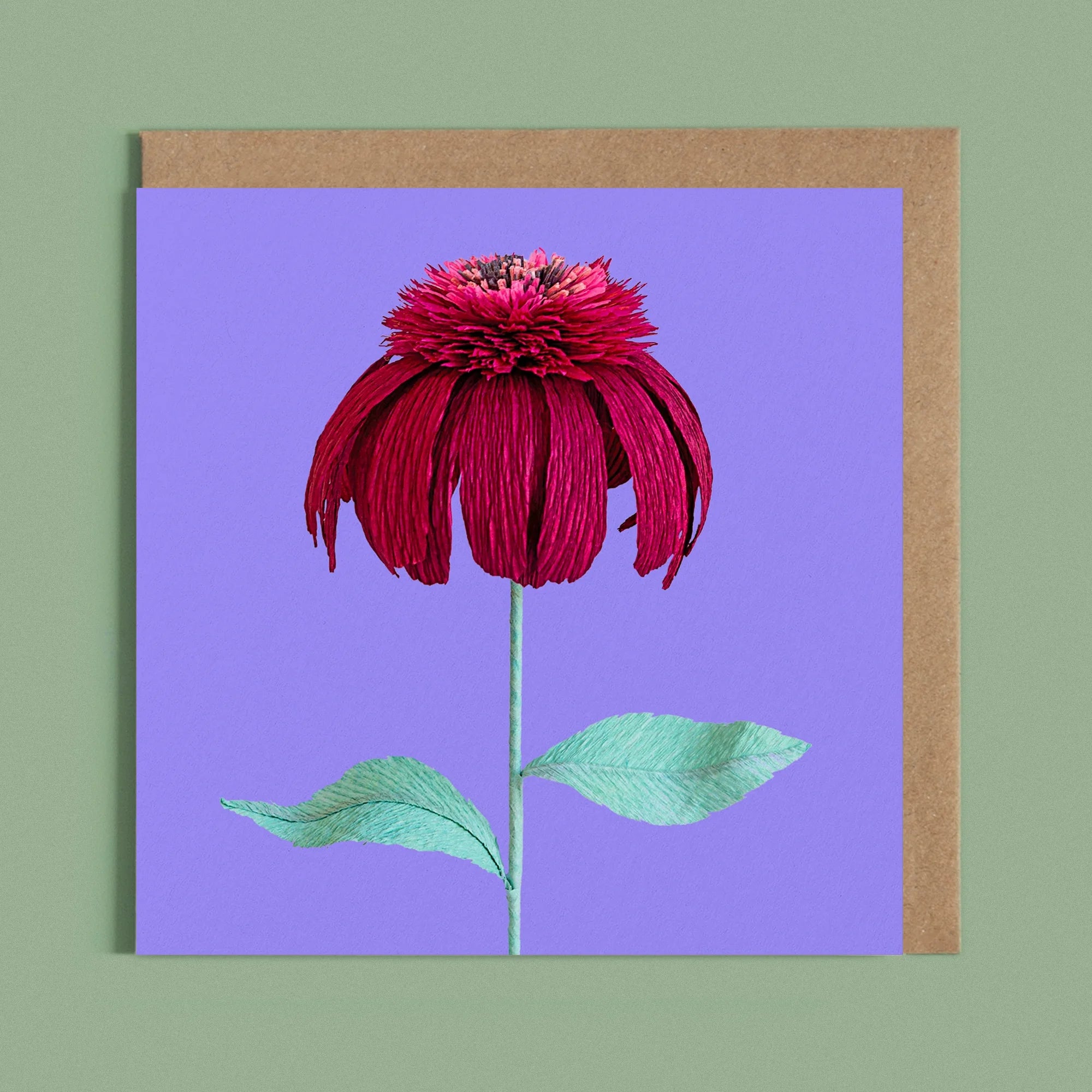 Greeting card with a image of a handcrafted paper red echinacea on a purple background by paper artist Daphne Fitch.