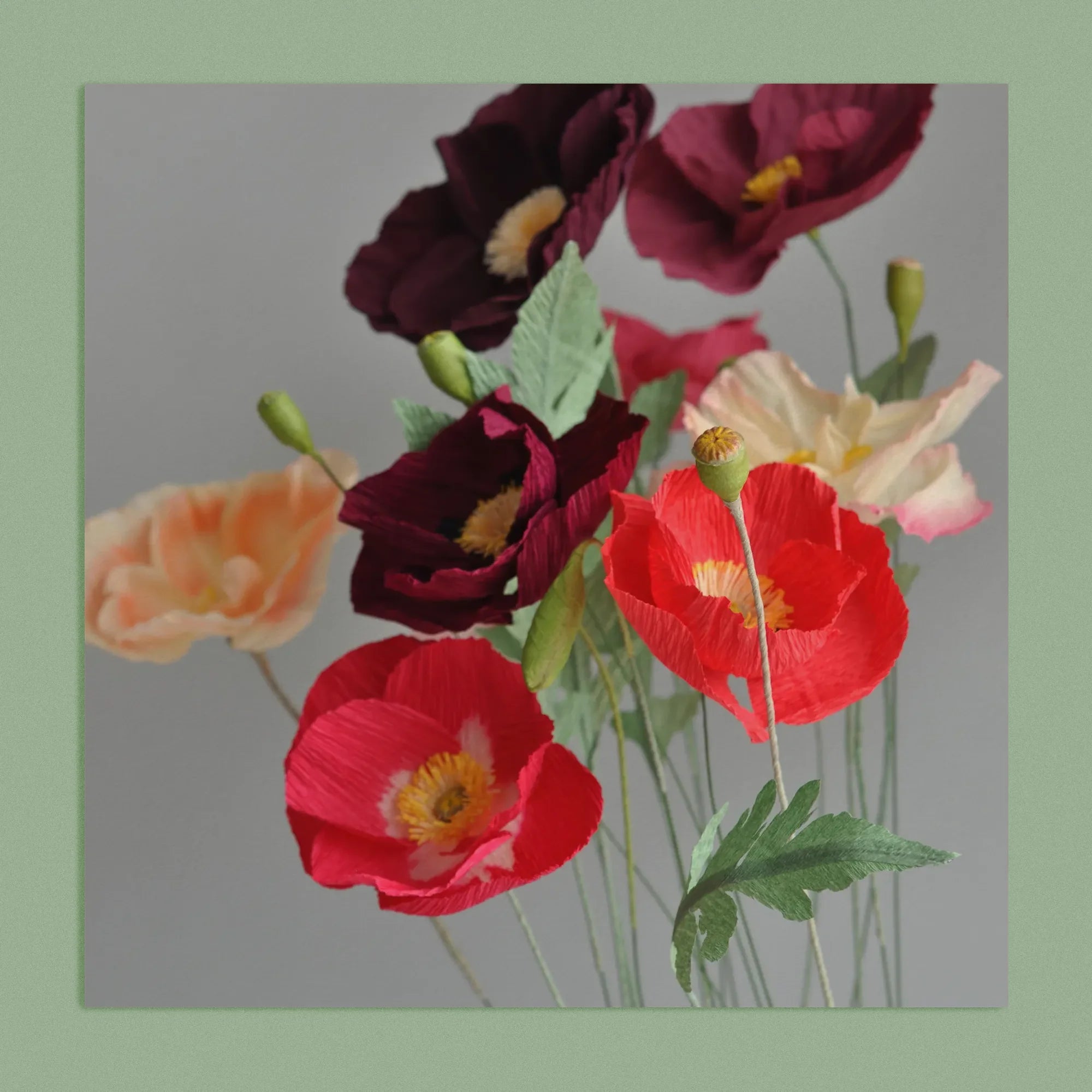 Art print with a image of a handcrafted paper poppies on a grey background colour by paper artist Daphne Fitch.