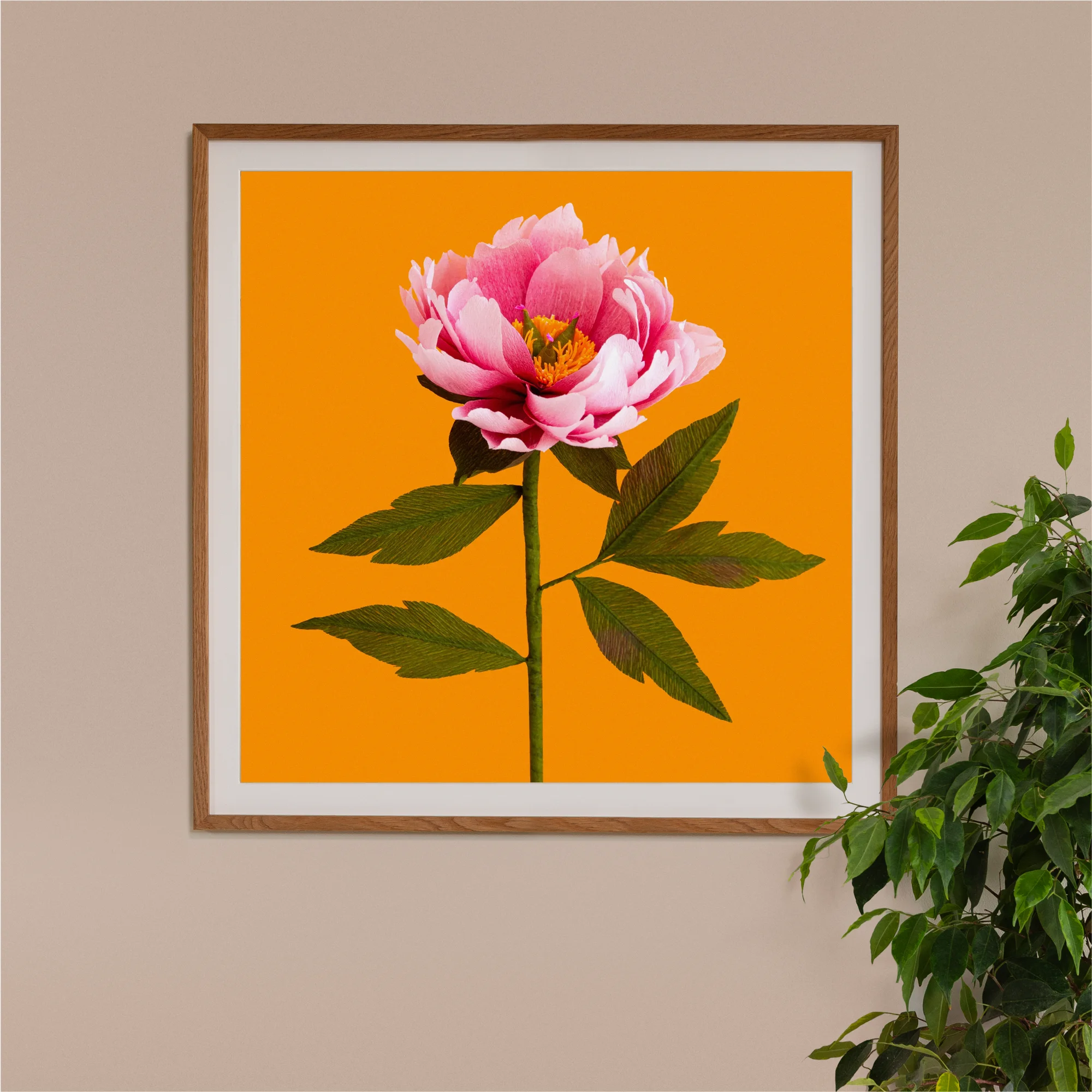Image of framed art print on a wall, featuring handcrafted paper pink peony on a marigold background. Created by paper artist Daphne Fitch.