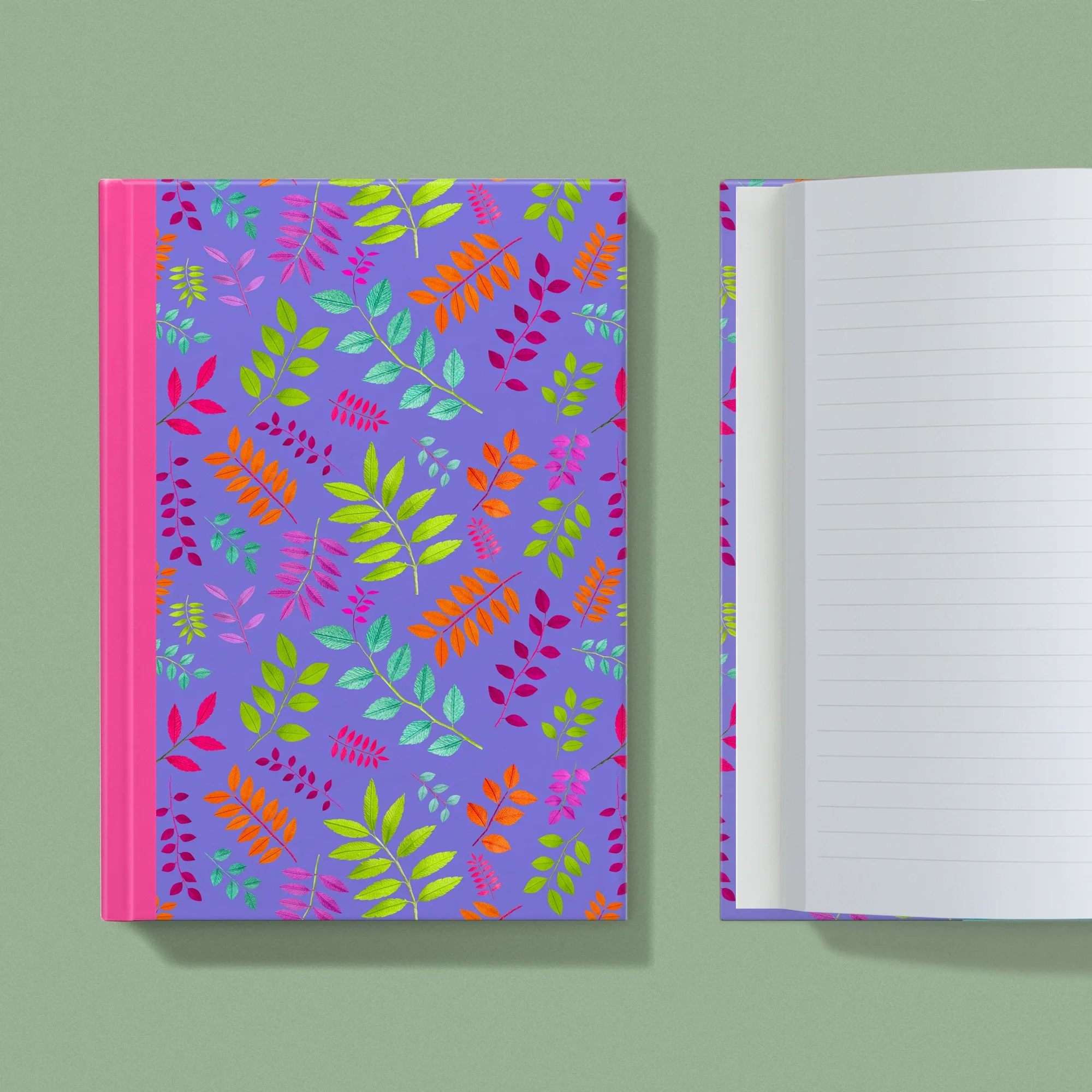 Notebook with a image of colourful handcrafted paper foliage on a purple background colour by paper artist Daphne Fitch.
