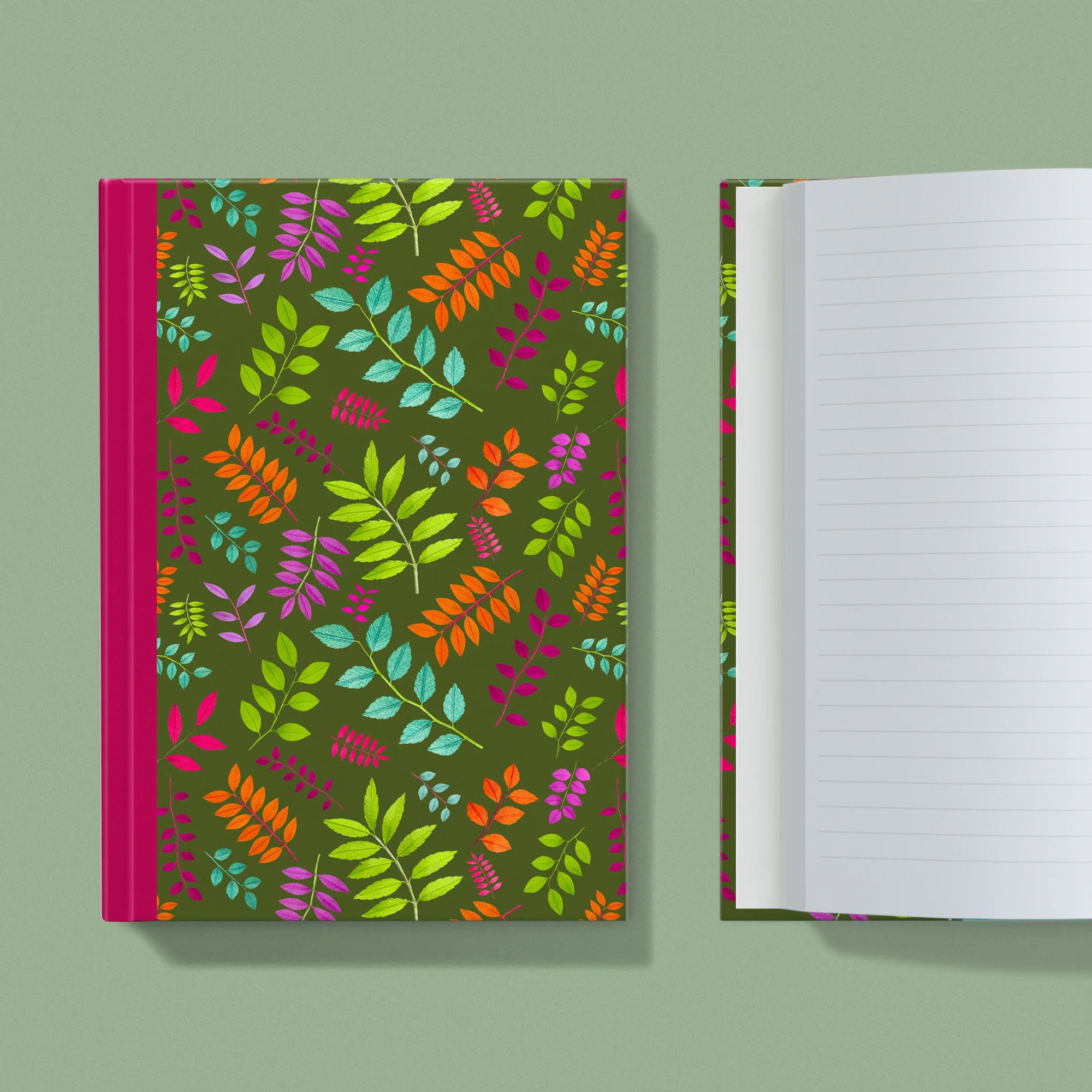Notebook with a image of colourful handcrafted paper foliage on a olive background colour by paper artist Daphne Fitch.
