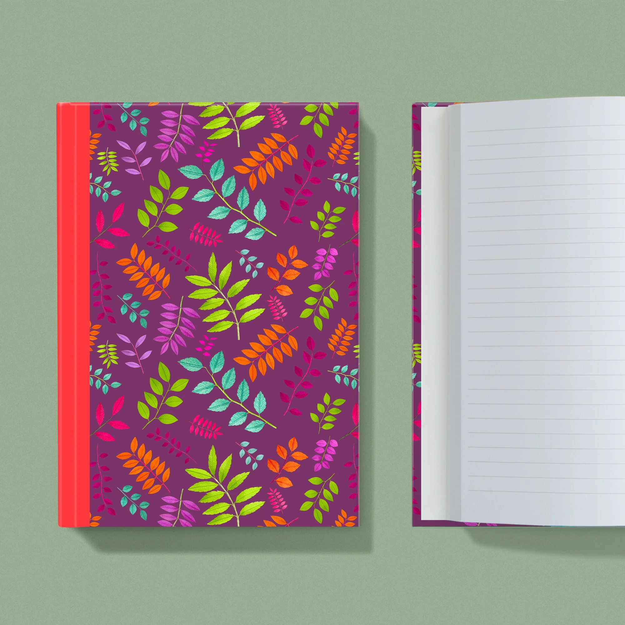 Notebook with a image of colourful handcrafted paper foliage on a plum background colour by paper artist Daphne Fitch.