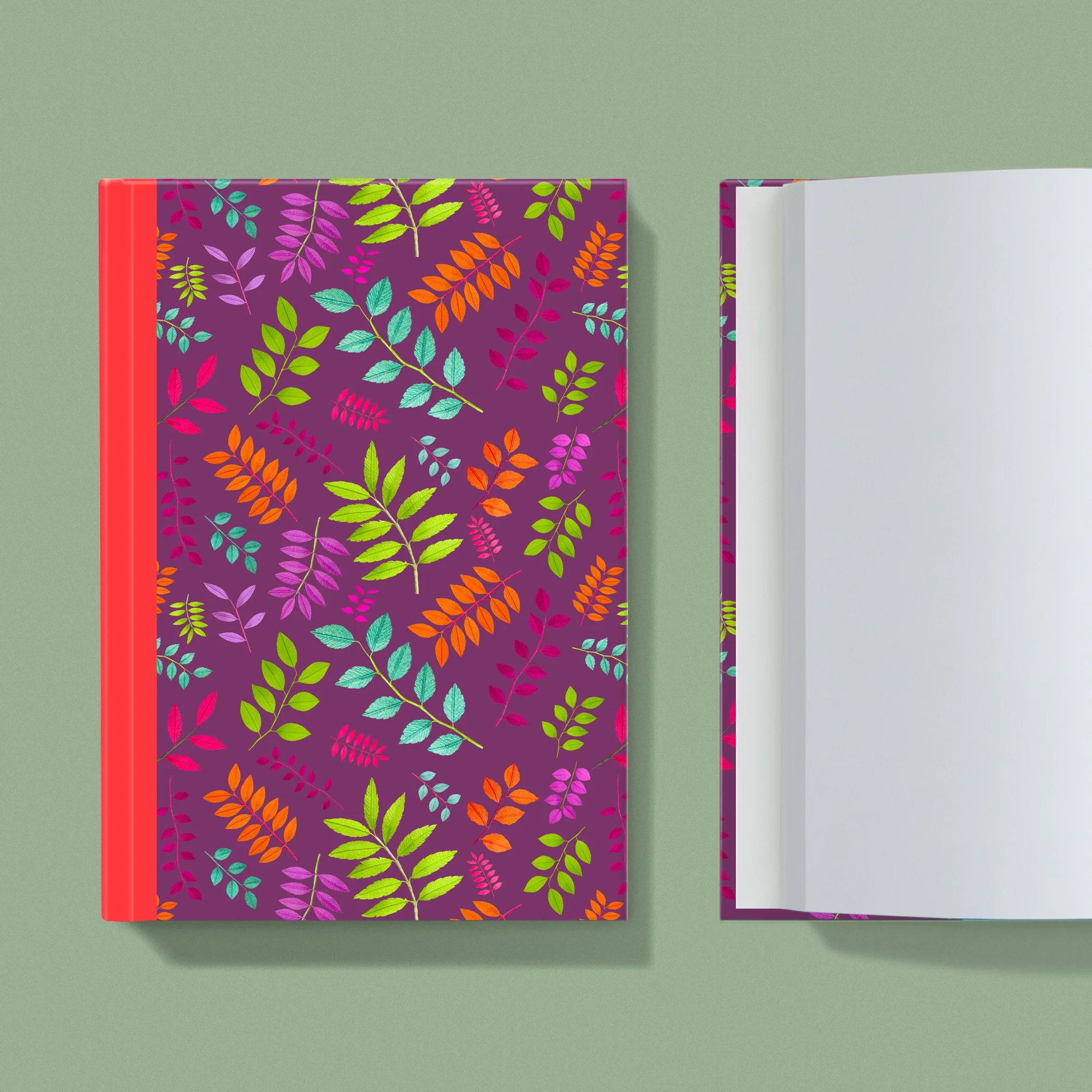 Notebook with a image of colourful handcrafted paper foliage on a plum background colour by paper artist Daphne Fitch.
