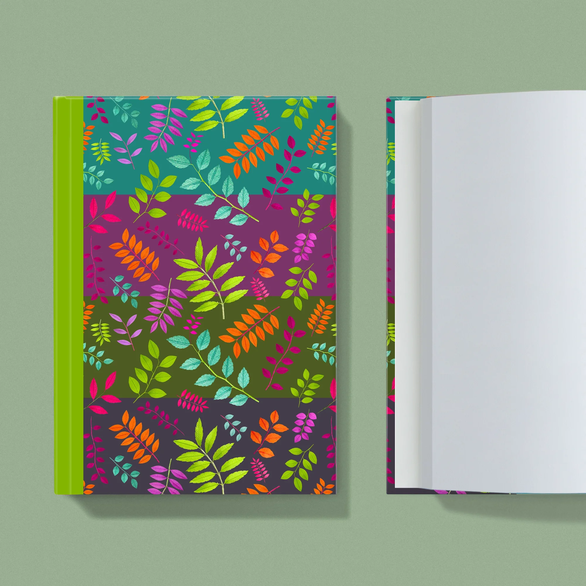 Notebook with a image of colourful handcrafted paper foliage on a stripe background colour by paper artist Daphne Fitch.