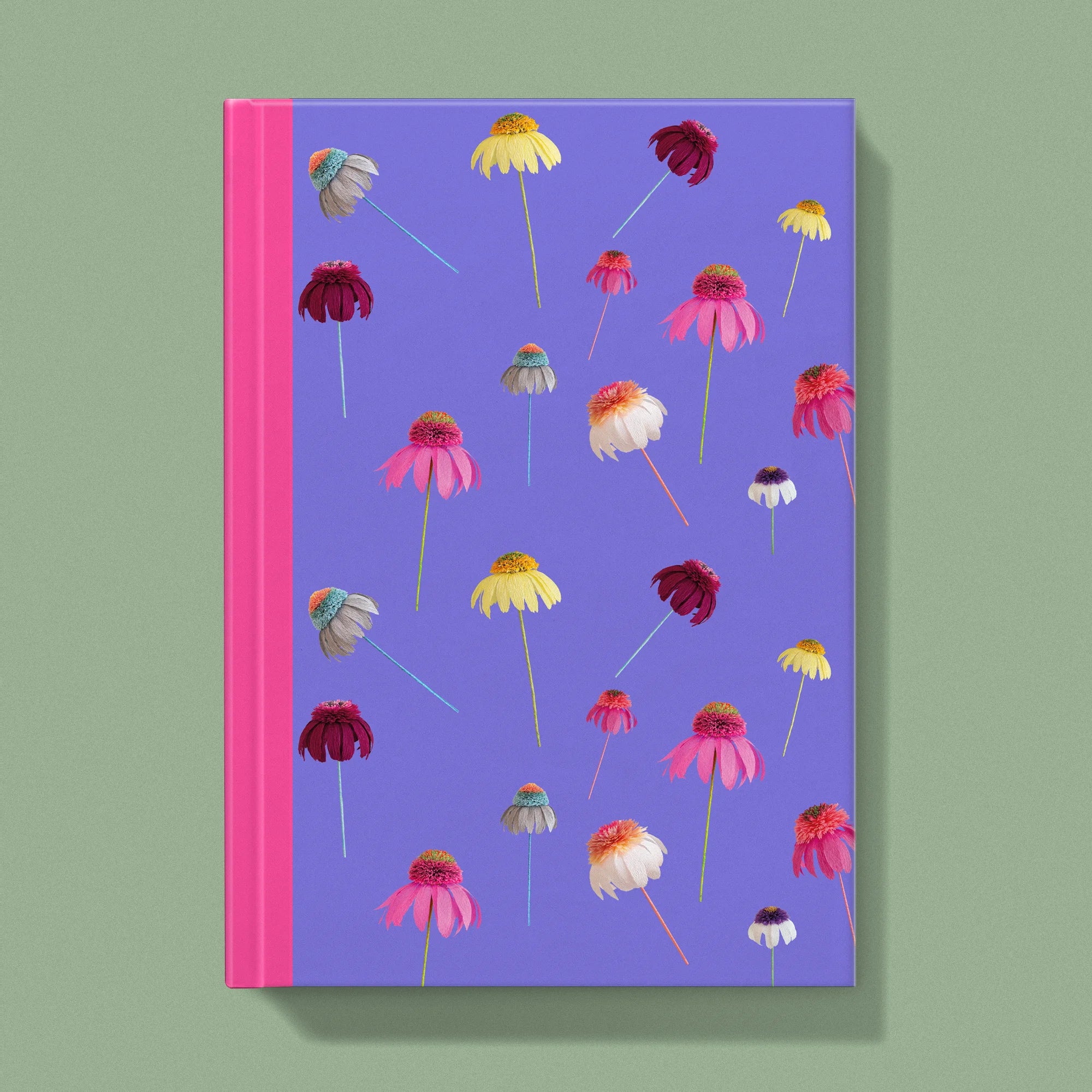 Notebook with a image of colourful handcrafted paper echinacea on a purple background colour by paper artist Daphne Fitch.