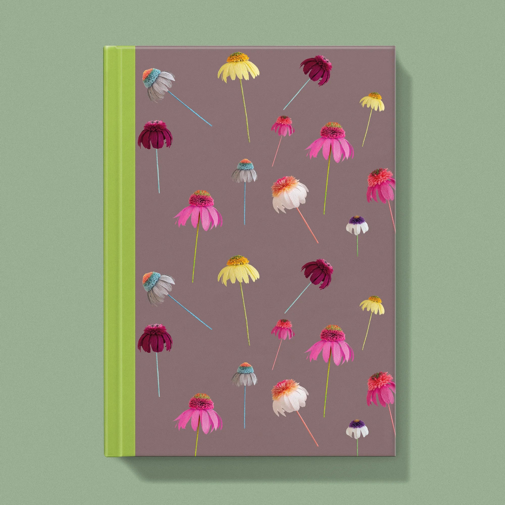 Notebook with a image of colourful handcrafted paper echinacea on a mocha background colour by paper artist Daphne Fitch.