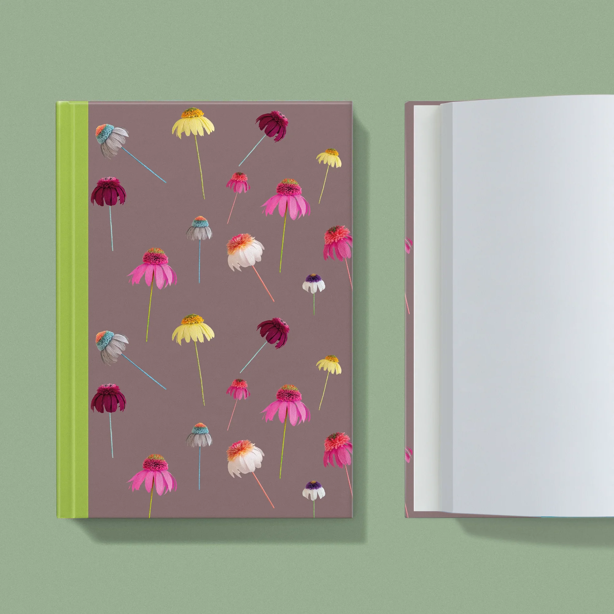Notebook with a image of colourful handcrafted paper echinacea on a mocha background colour by paper artist Daphne Fitch.