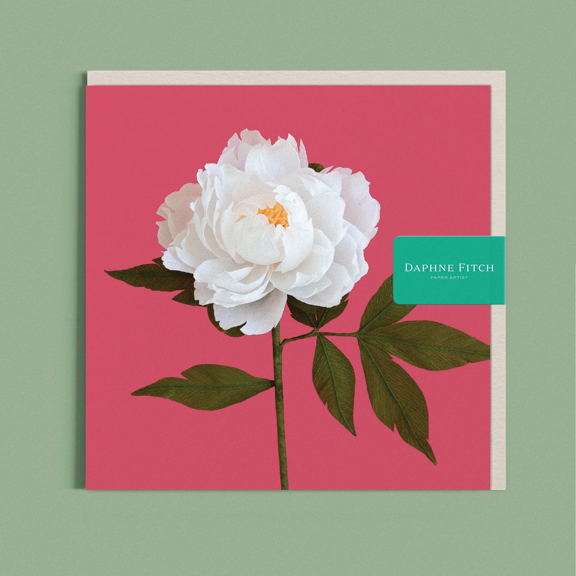 Greeting card with a image of a handcrafted paper white peony on a madder red background by paper artist Daphne Fitch.