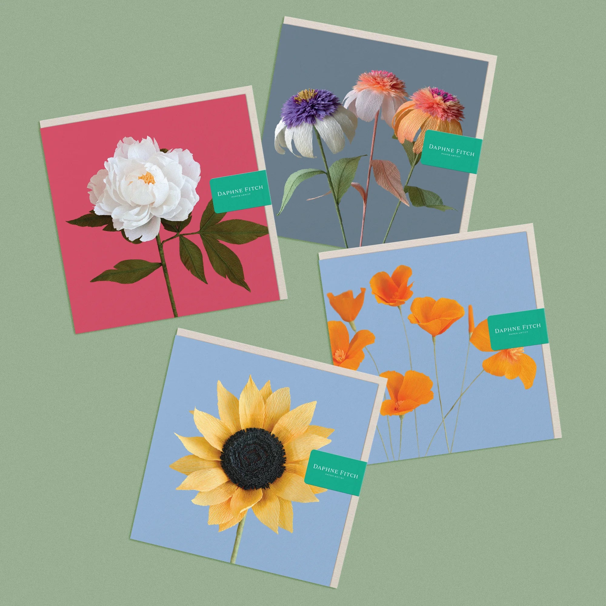 Set of 4 greeting cards, with images of a handcrafted paper peony, echinacea trio, sunflower and poppies by paper artist Daphne Fitch.