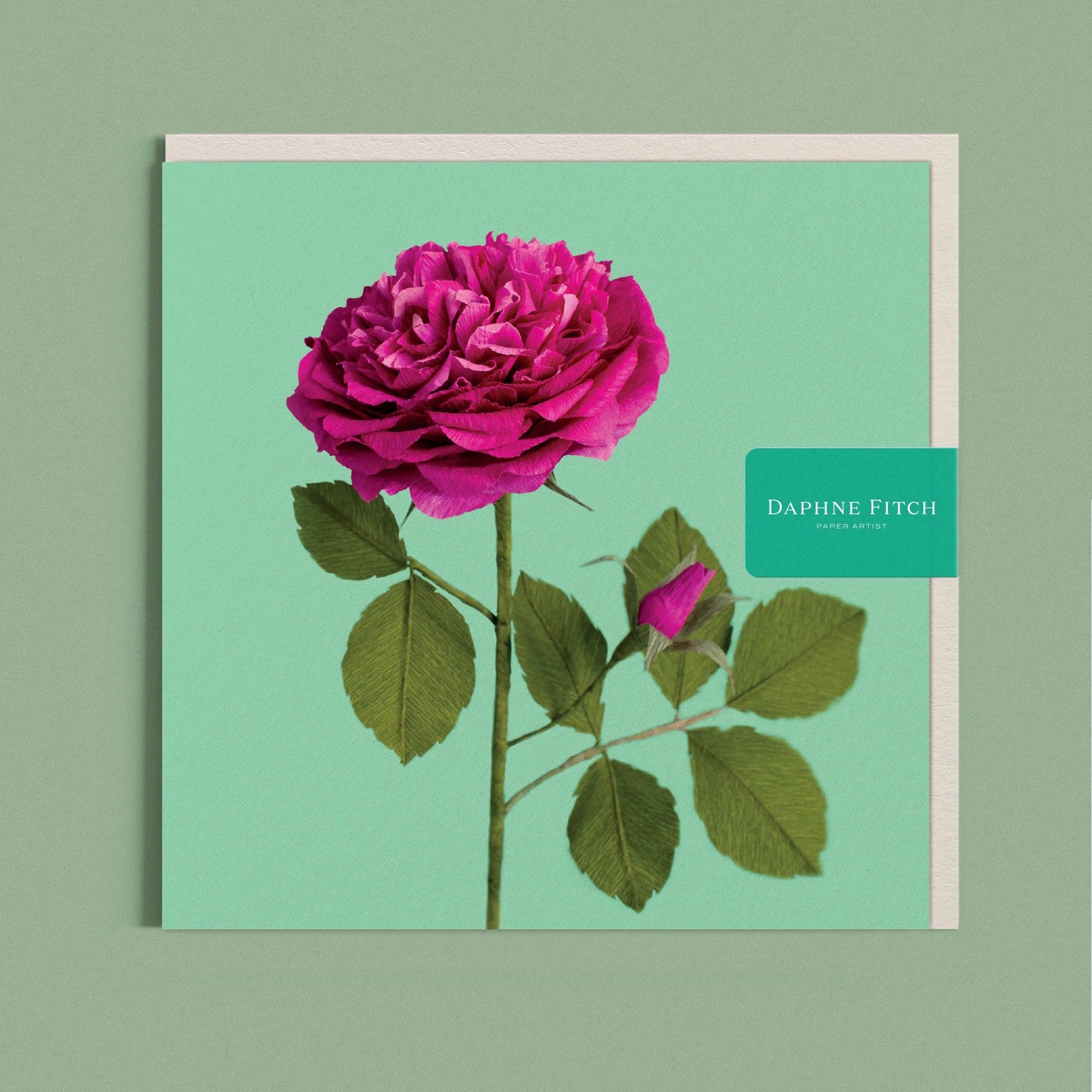 Greeting card with a image of a handcrafted paper hot pink rose on a Paris green background by paper artist Daphne Fitch.