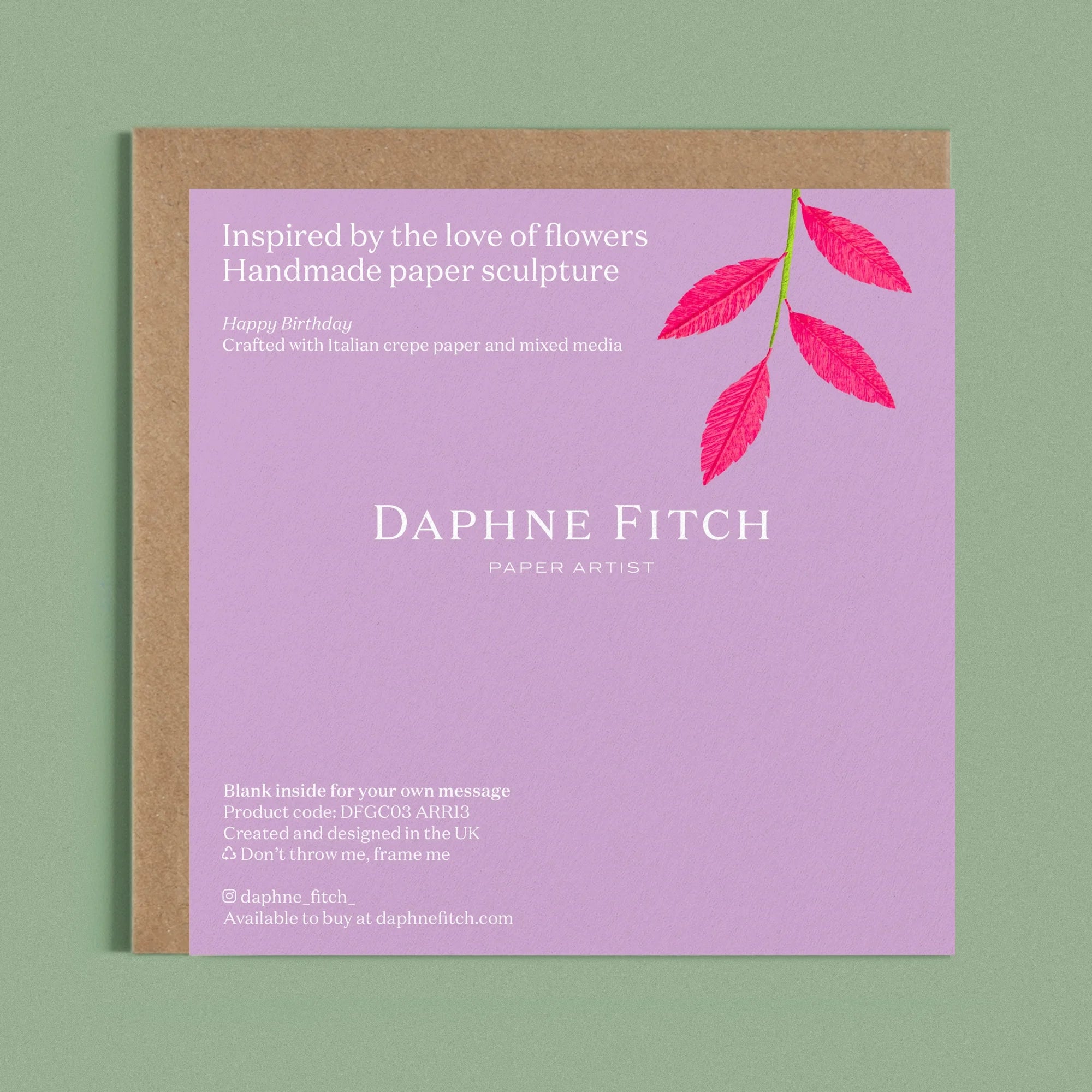 Image of the back of a Happy Birthday Greeting card with colourful handcrafted paper pink foliage on a light purple background by paper artist Daphne Fitch.