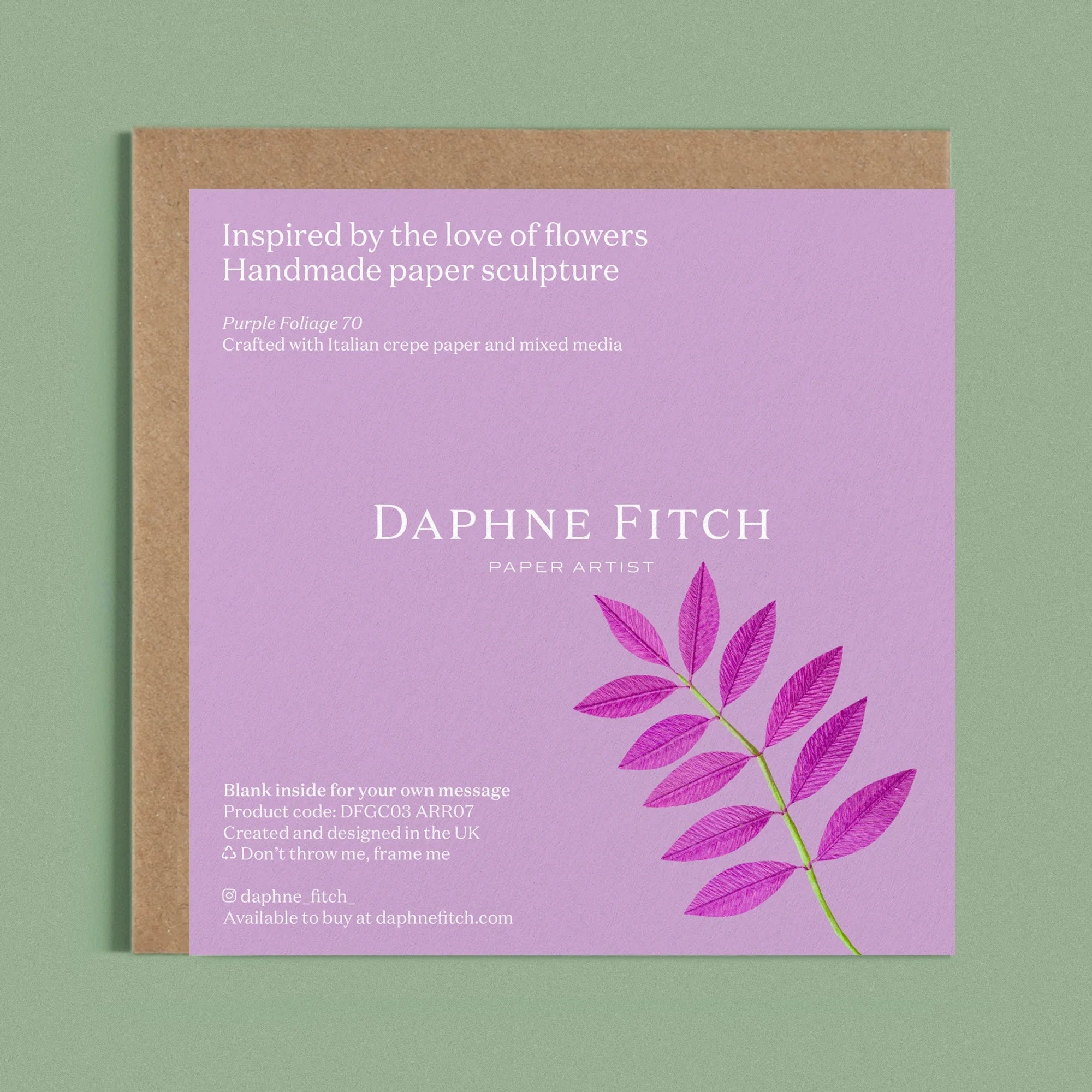 Image of the back of a Happy Birthday Greeting card with colourful handcrafted paper purple foliage on a light purple background by paper artist Daphne Fitch.