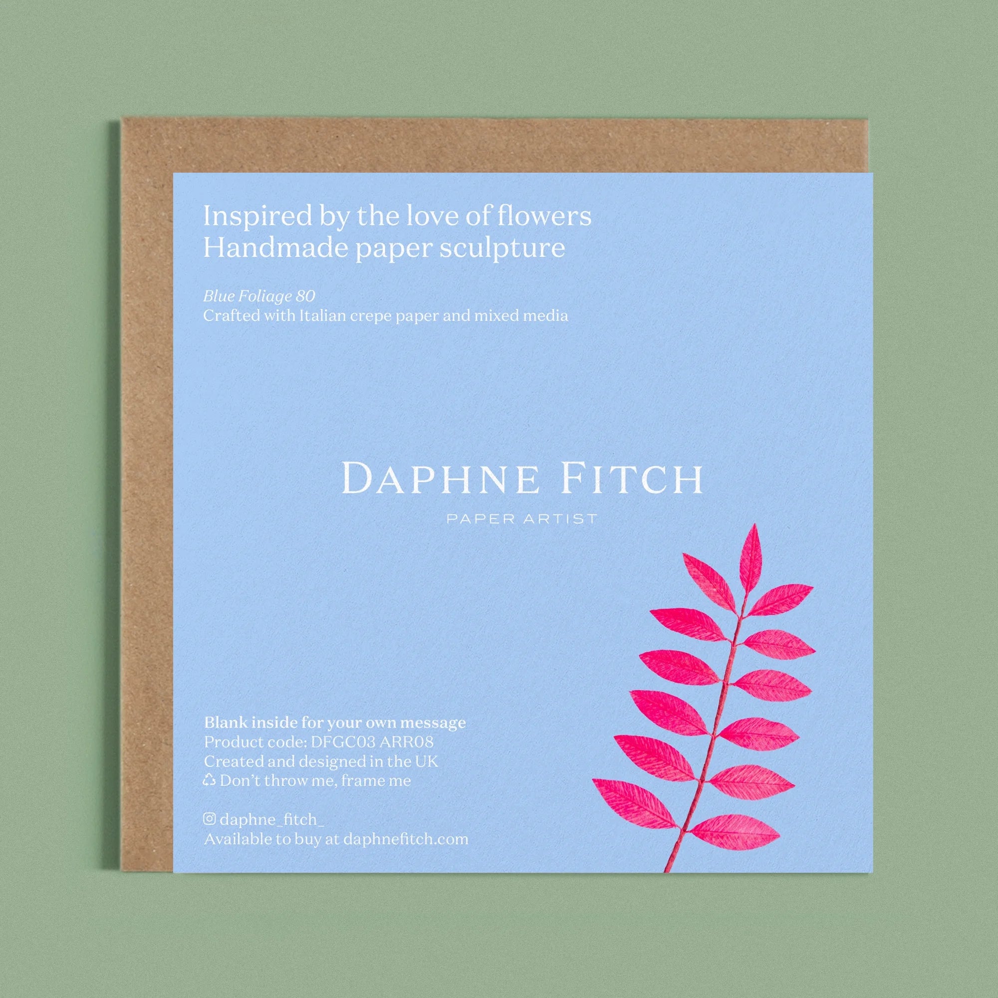 Image of the back of a Happy Birthday Greeting card with colourful handcrafted paper pink foliage on a light blue background by paper artist Daphne Fitch.