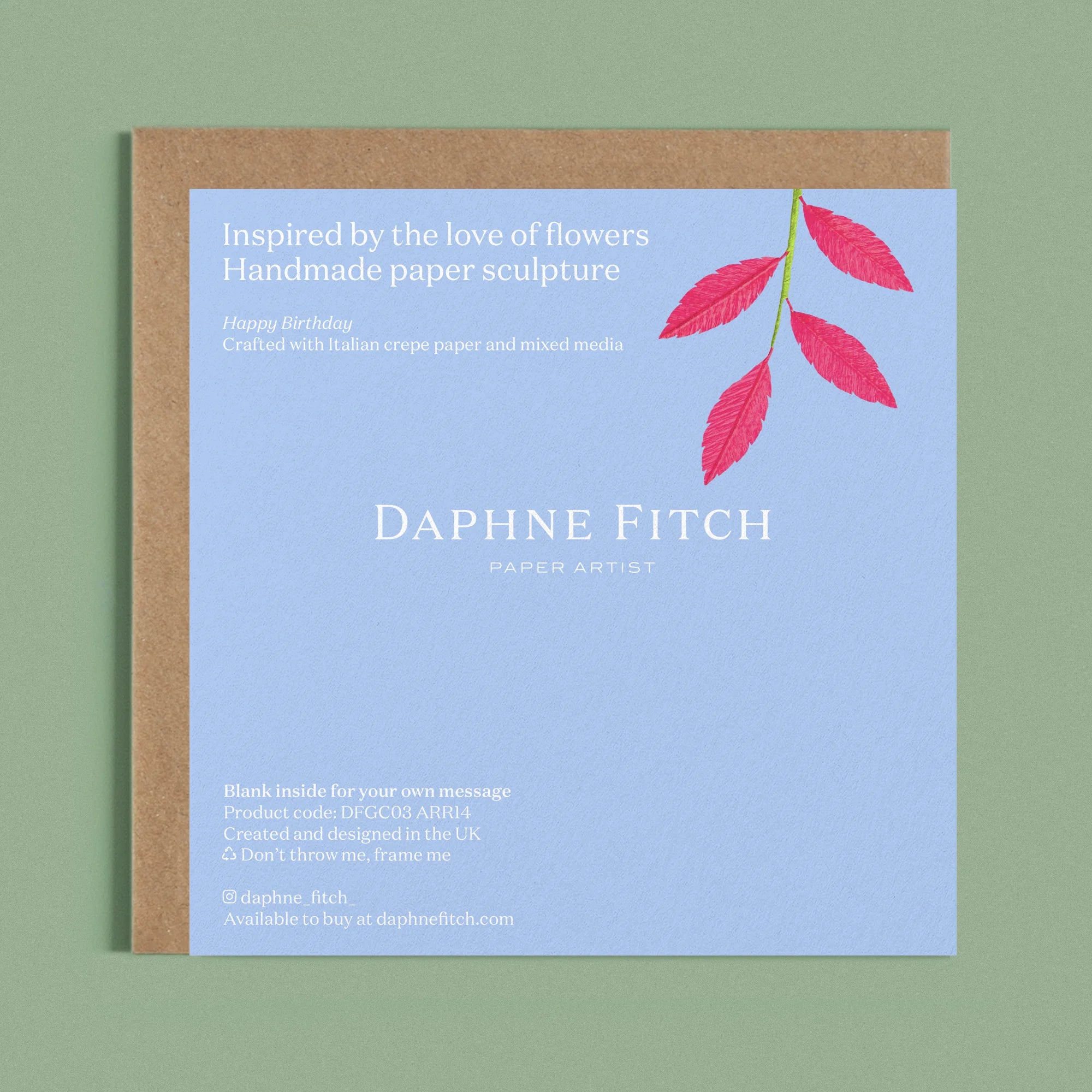 Image of the back of a Happy Birthday Greeting card with colourful handcrafted paper pink foliage on a blue background by paper artist Daphne Fitch.

