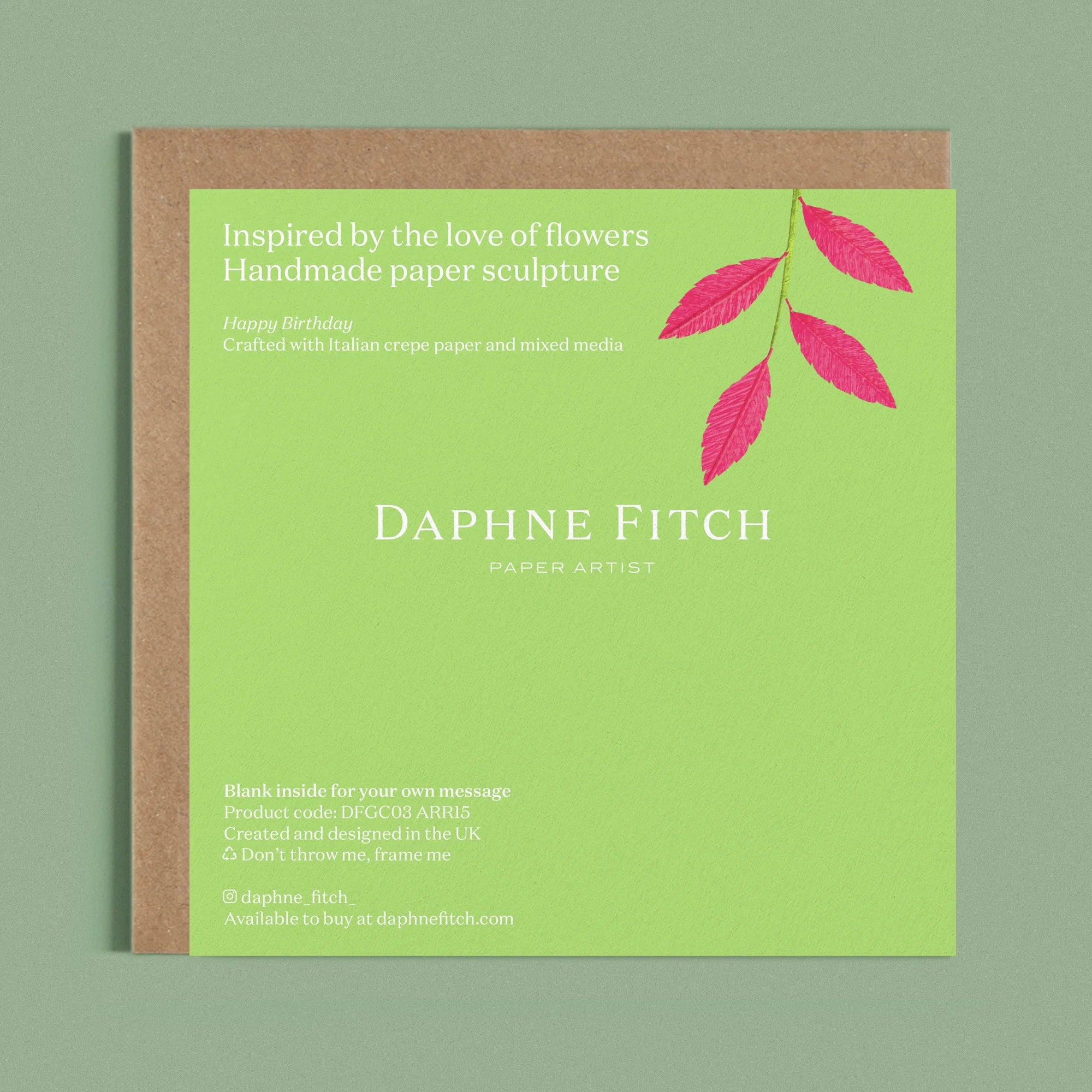 Image of the back of a Happy Birthday Greeting card with colourful handcrafted paper pink foliage on a green background by paper artist Daphne Fitch.


