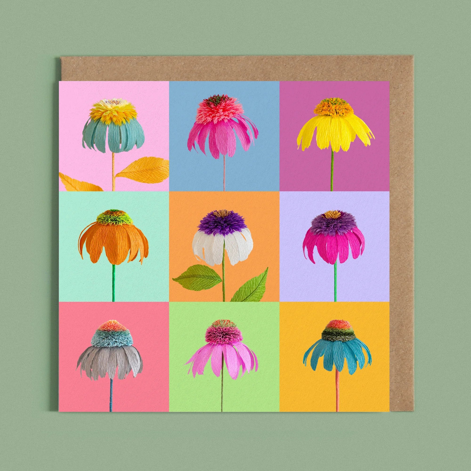 Greeting card with a image of a handcrafted paper echinacea on a colour grid background by paper artist Daphne Fitch.