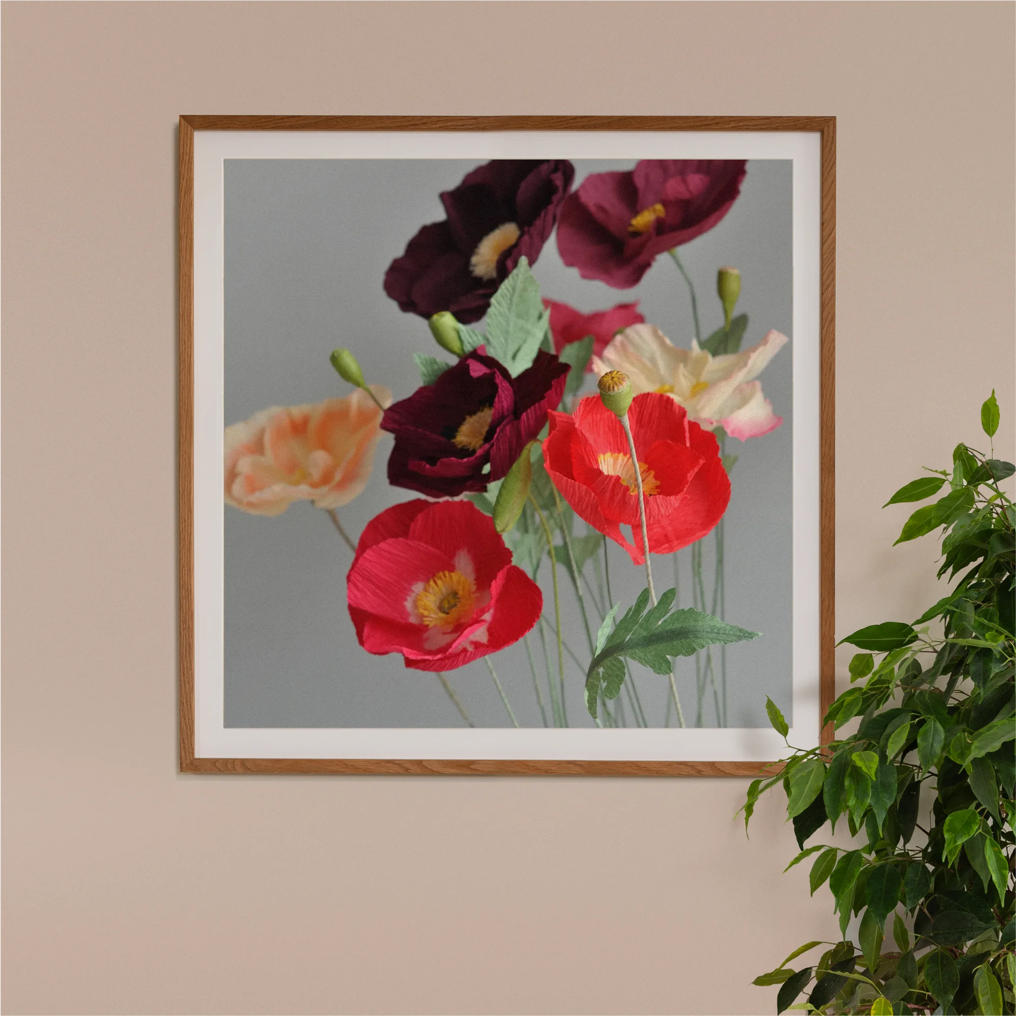 Image of framed art print on a wall, featuring handcrafted paper poppies on a grey background. Created by paper artist Daphne Fitch.