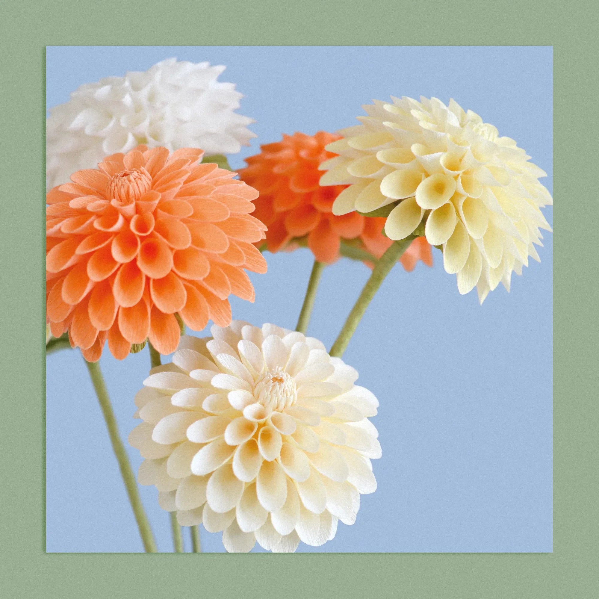 Art print with a image of a handcrafted paper cream and peach dahlia on a blue background colour by paper artist Daphne Fitch.