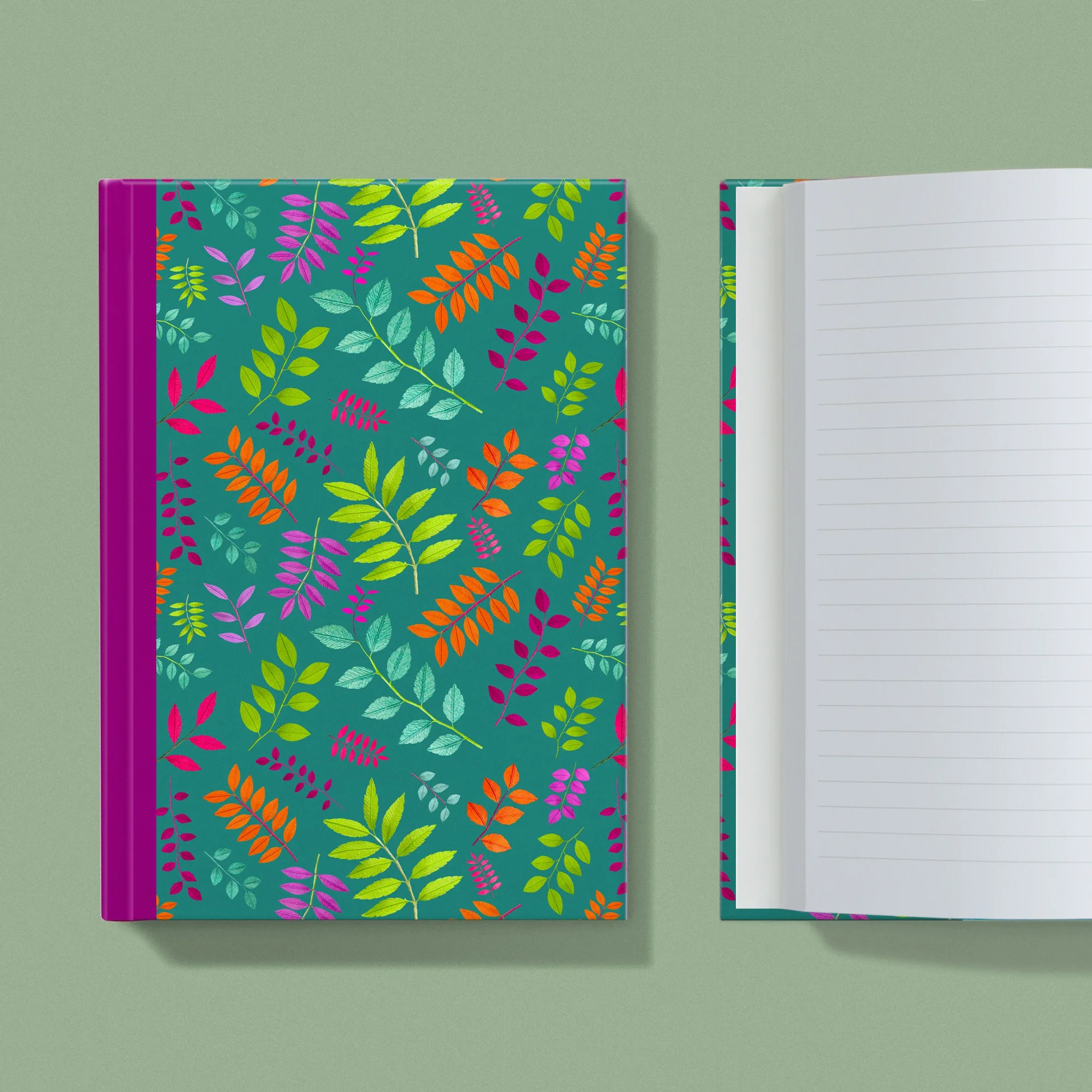 Notebook with a image of colourful handcrafted paper foliage on a teal background colour by paper artist Daphne Fitch.
