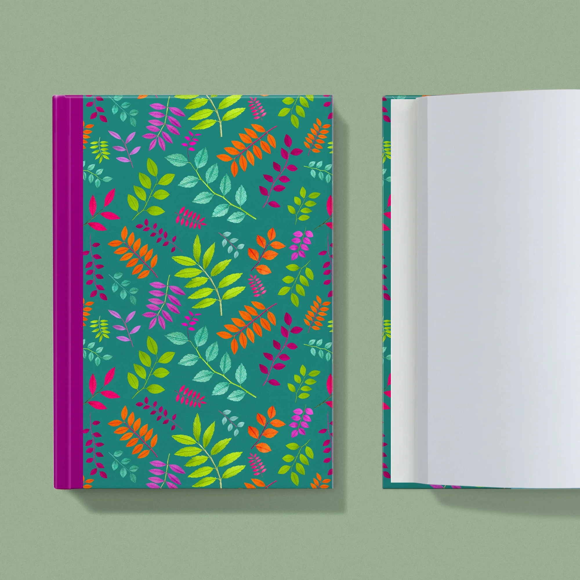Notebook with a image of colourful handcrafted paper foliage on a teal background colour by paper artist Daphne Fitch.