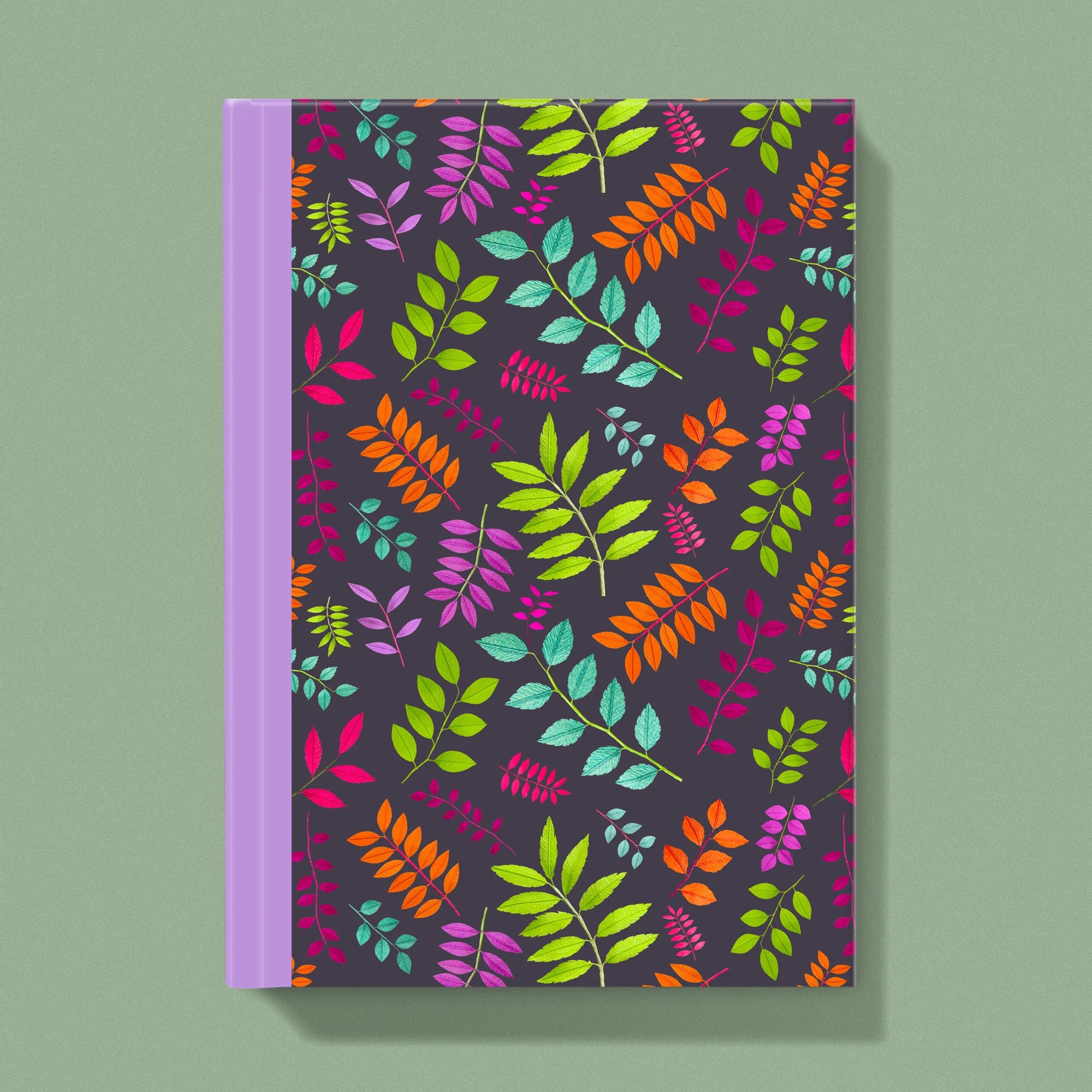 Notebook with a image of colourful handcrafted paper foliage on a raisin background colour by paper artist Daphne Fitch.