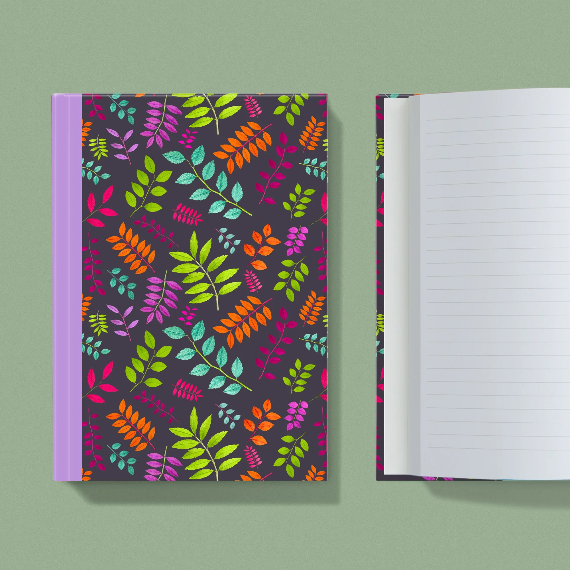 Notebook with a image of colourful handcrafted paper foliage on a raisin background colour by paper artist Daphne Fitch.