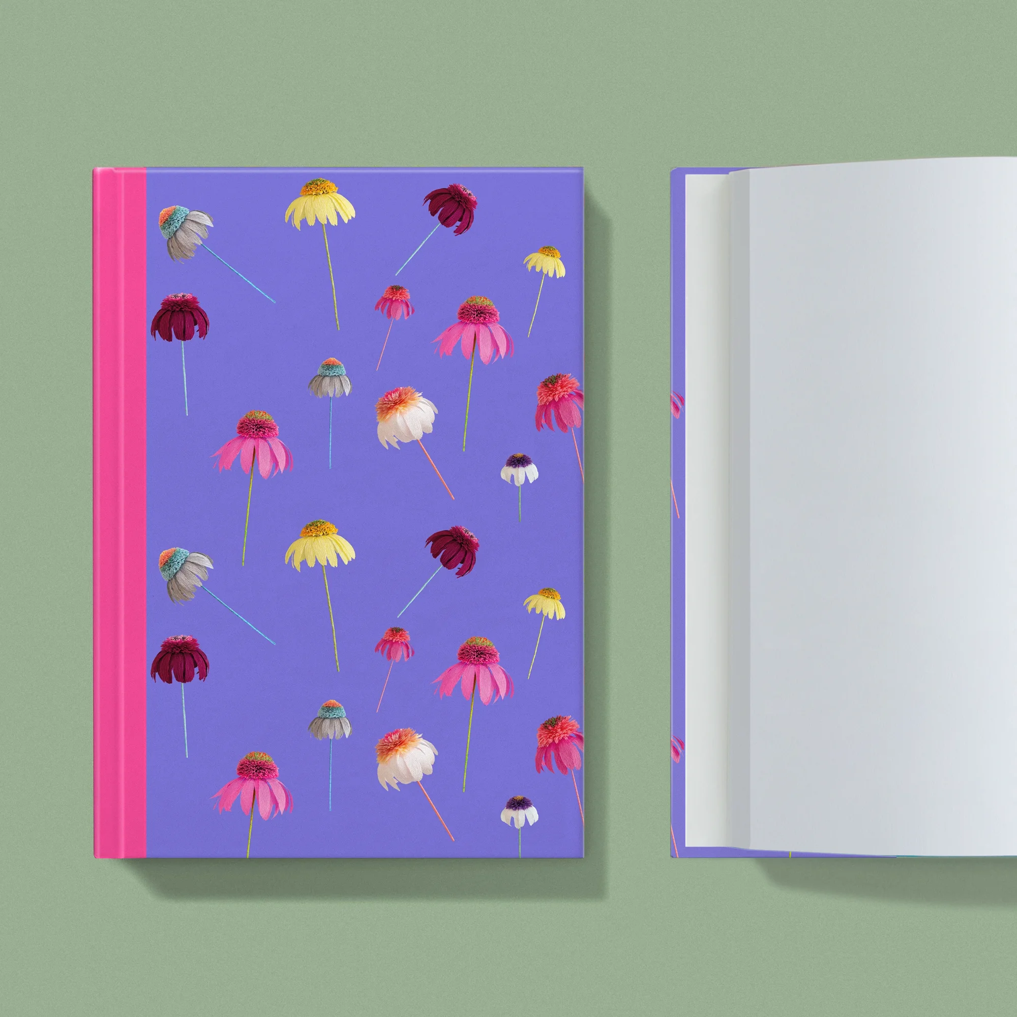 Notebook with a image of colourful handcrafted paper echinacea on a purple background colour by paper artist Daphne Fitch.