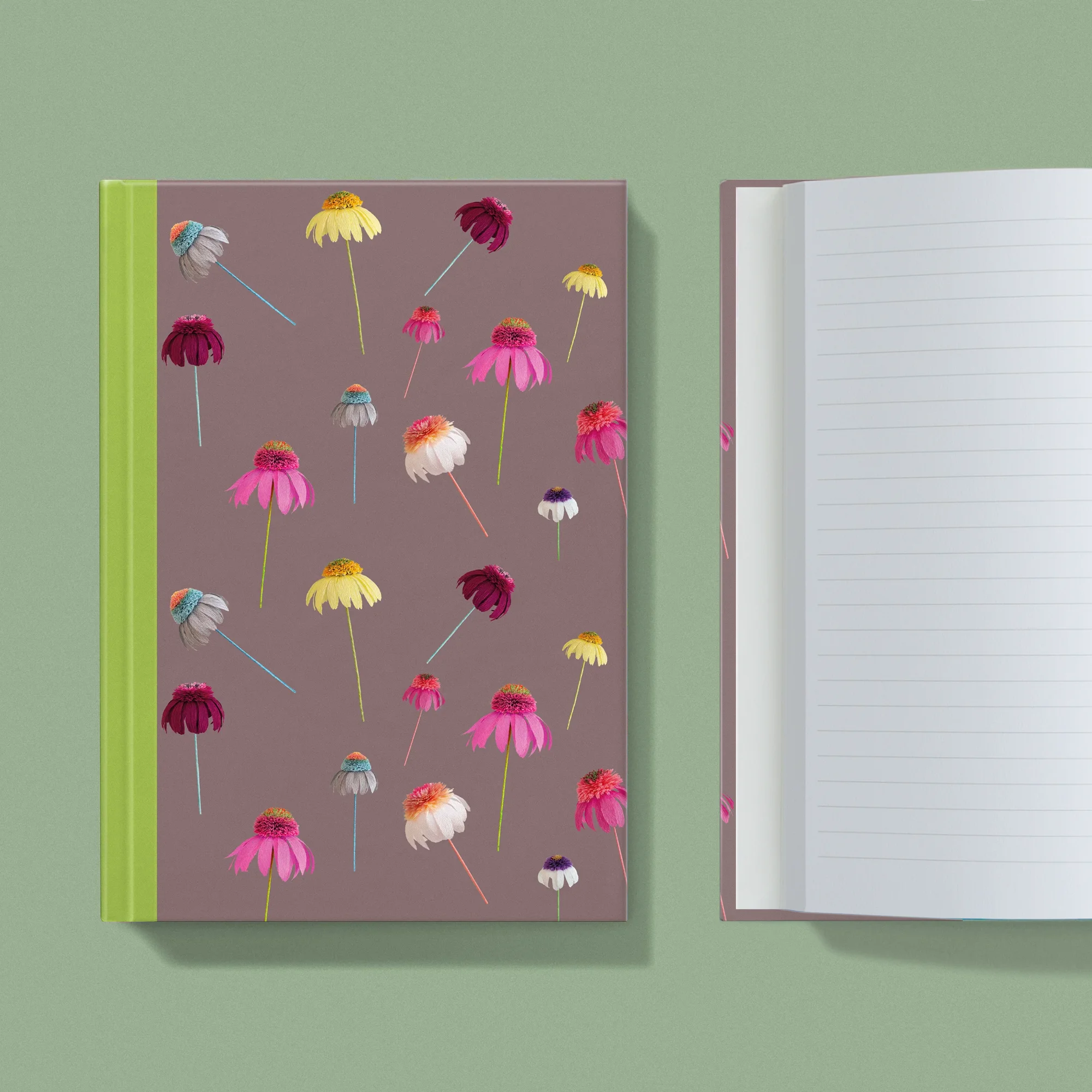 Notebook with a image of colourful handcrafted paper echinacea on a mocha background colour by paper artist Daphne Fitch.