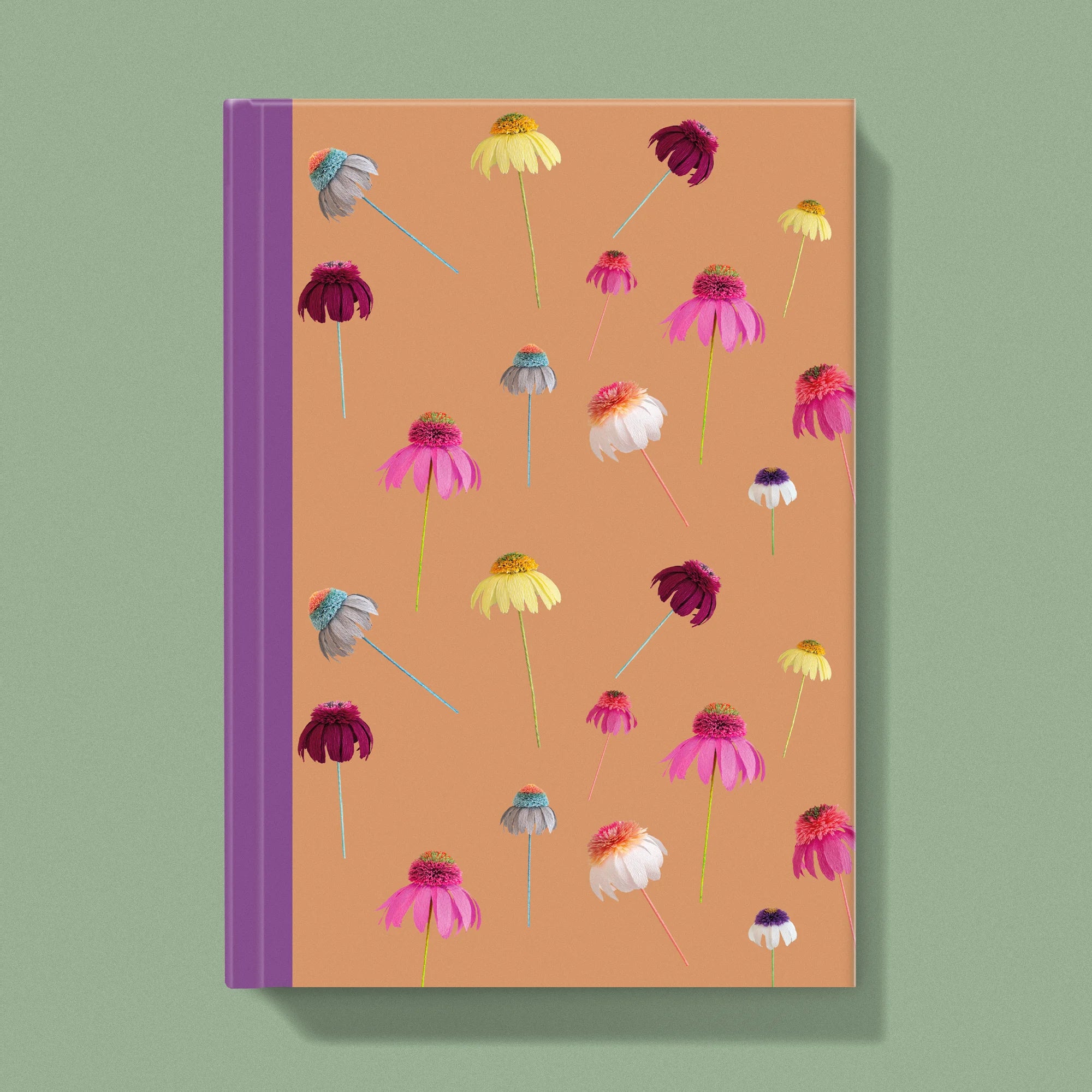 Notebook with a image of colourful handcrafted paper echinacea on a apricot background colour by paper artist Daphne Fitch.