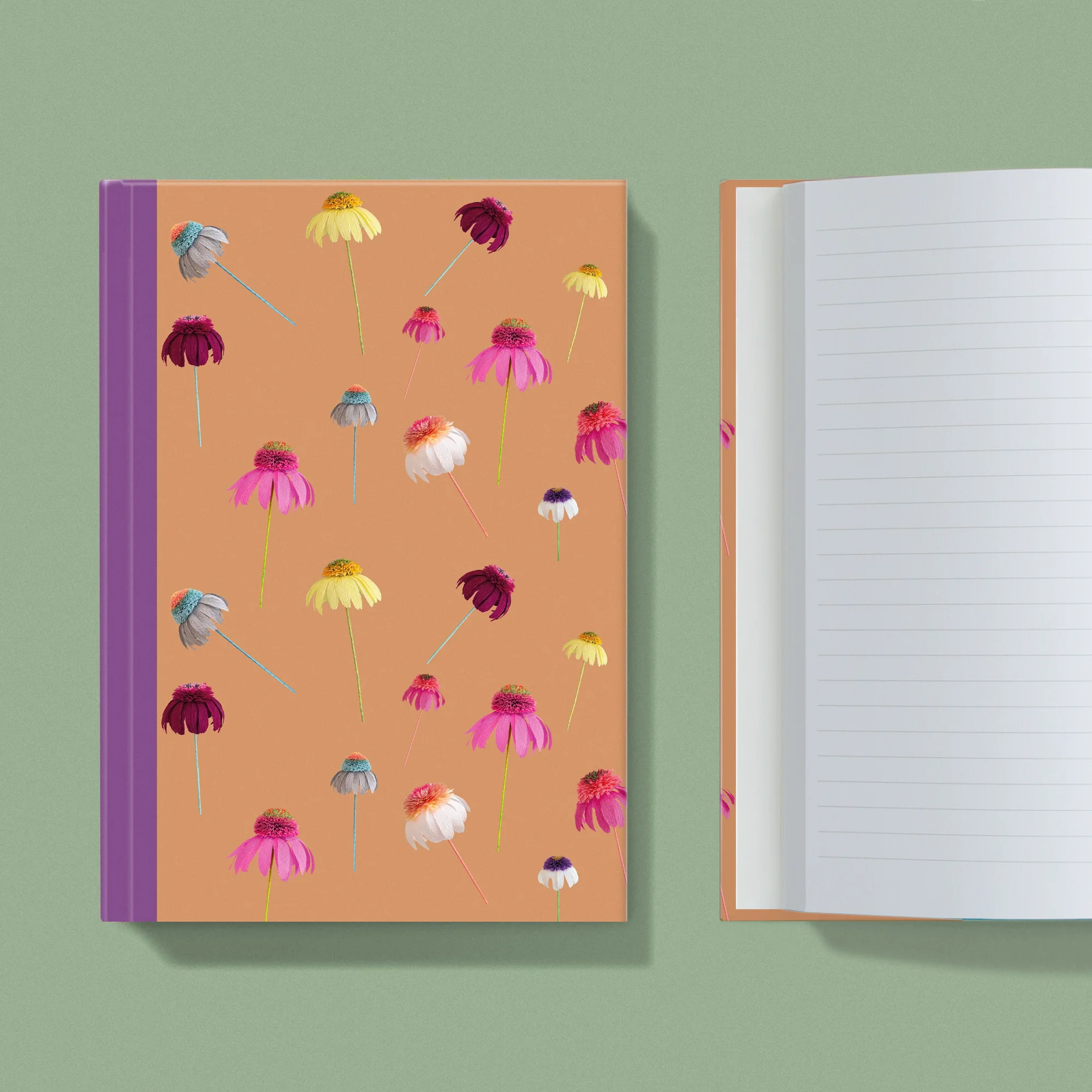 Notebook with a image of colourful handcrafted paper echinacea on a apricot background colour by paper artist Daphne Fitch.