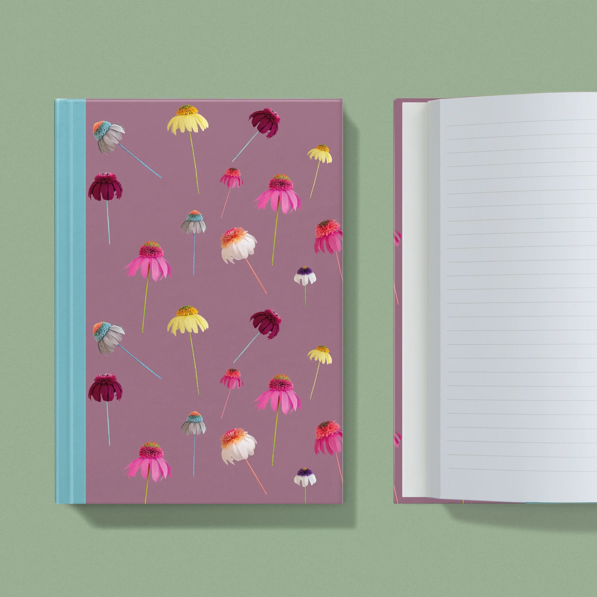 Notebook with a image of colourful handcrafted paper echinacea on a fig background colour by paper artist Daphne Fitch.
