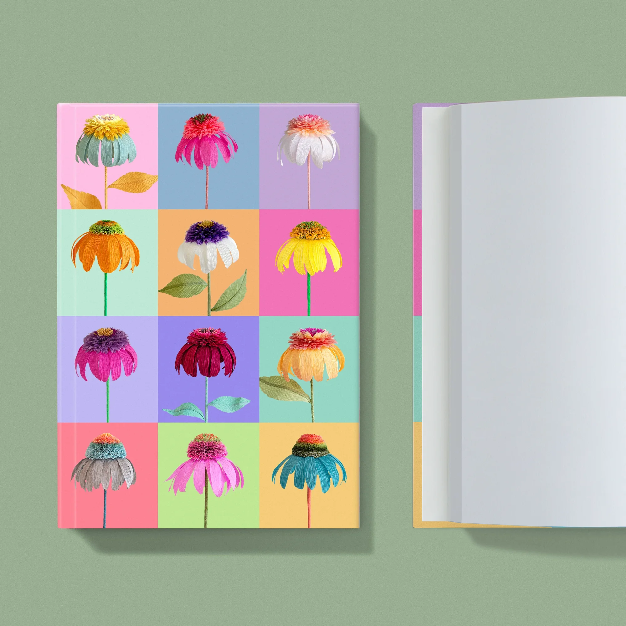 Notebook with a image of colourful handcrafted paper echinacea on a multiple colour grid background by paper artist Daphne Fitch.