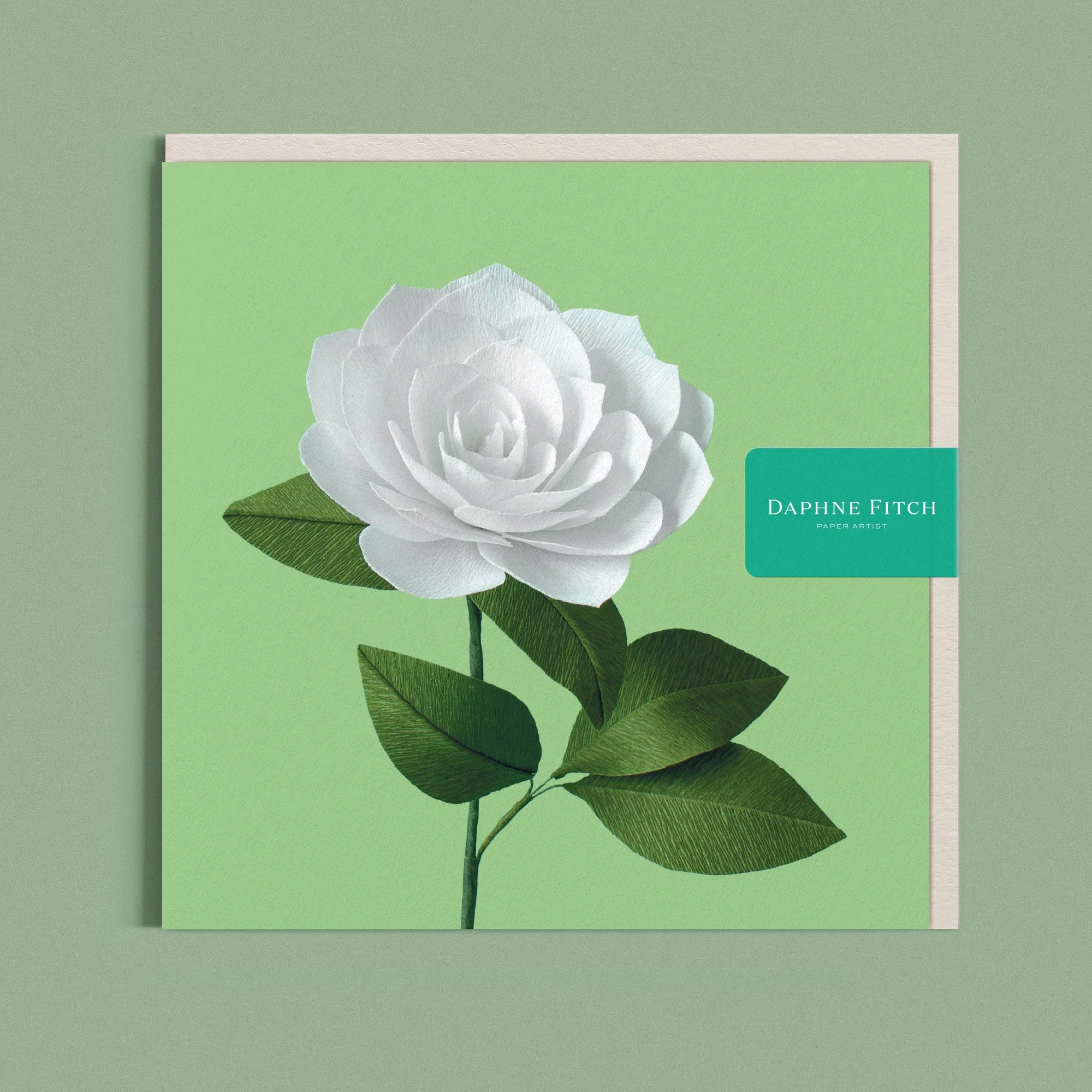 Greeting card with a image of a handcrafted paper White Camellia on a bright green background by paper artist Daphne Fitch.