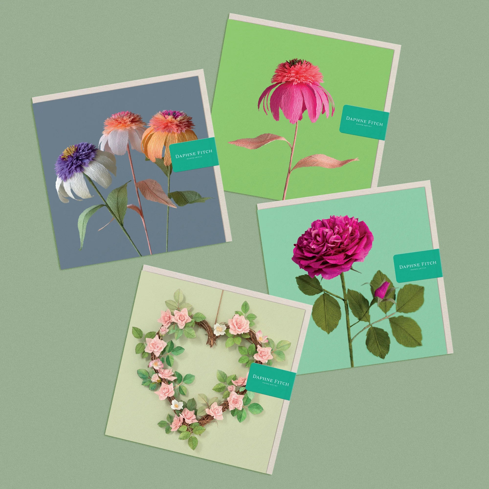Set of 4 greeting cards, with images of a handcrafted paper echinacea, rose and rose heart wreath by paper artist Daphne Fitch.